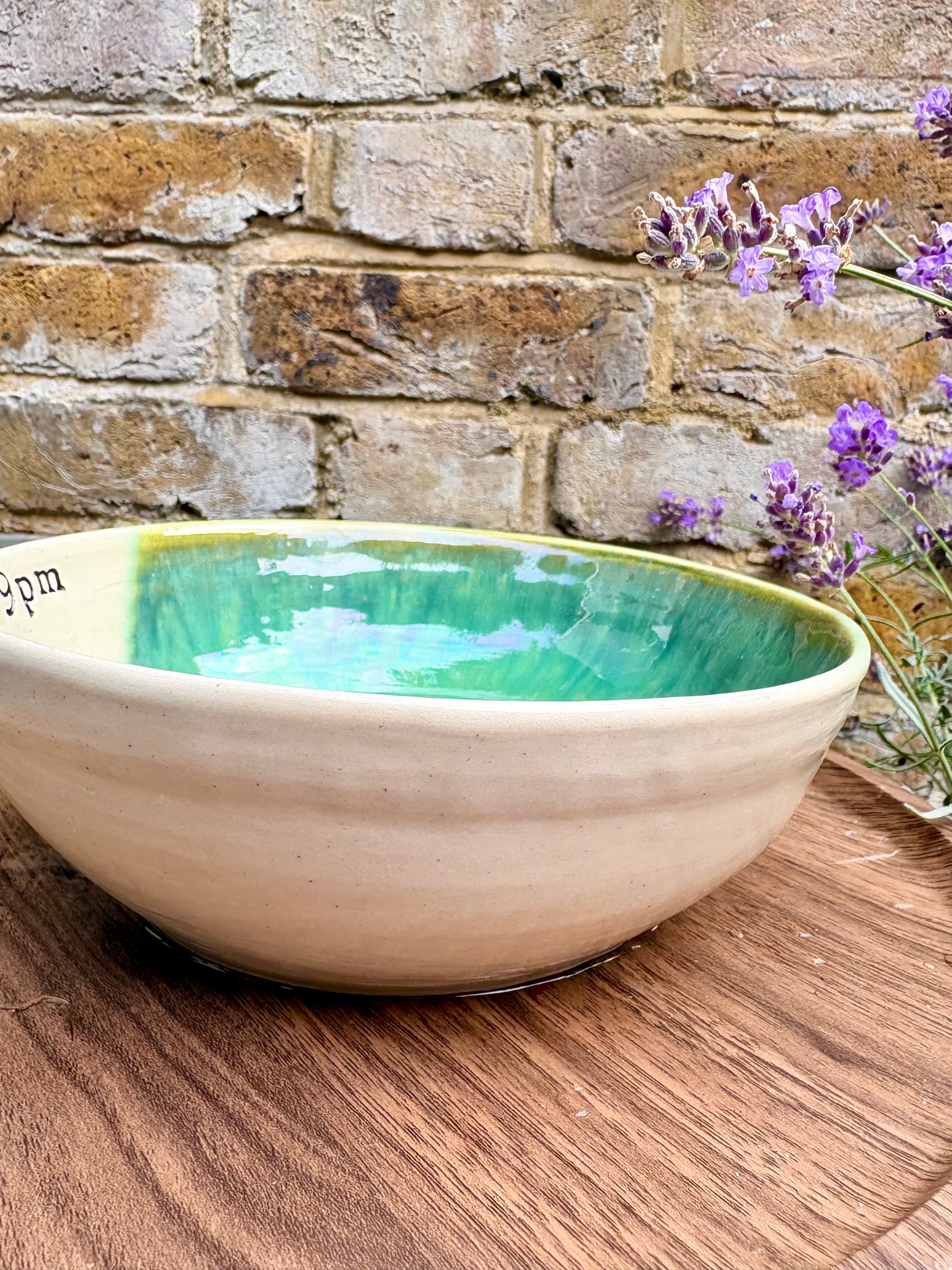 “eat, drink and fuck off by 9pm" round (ish) pasta/salad/serving bowl (green, cream clay)