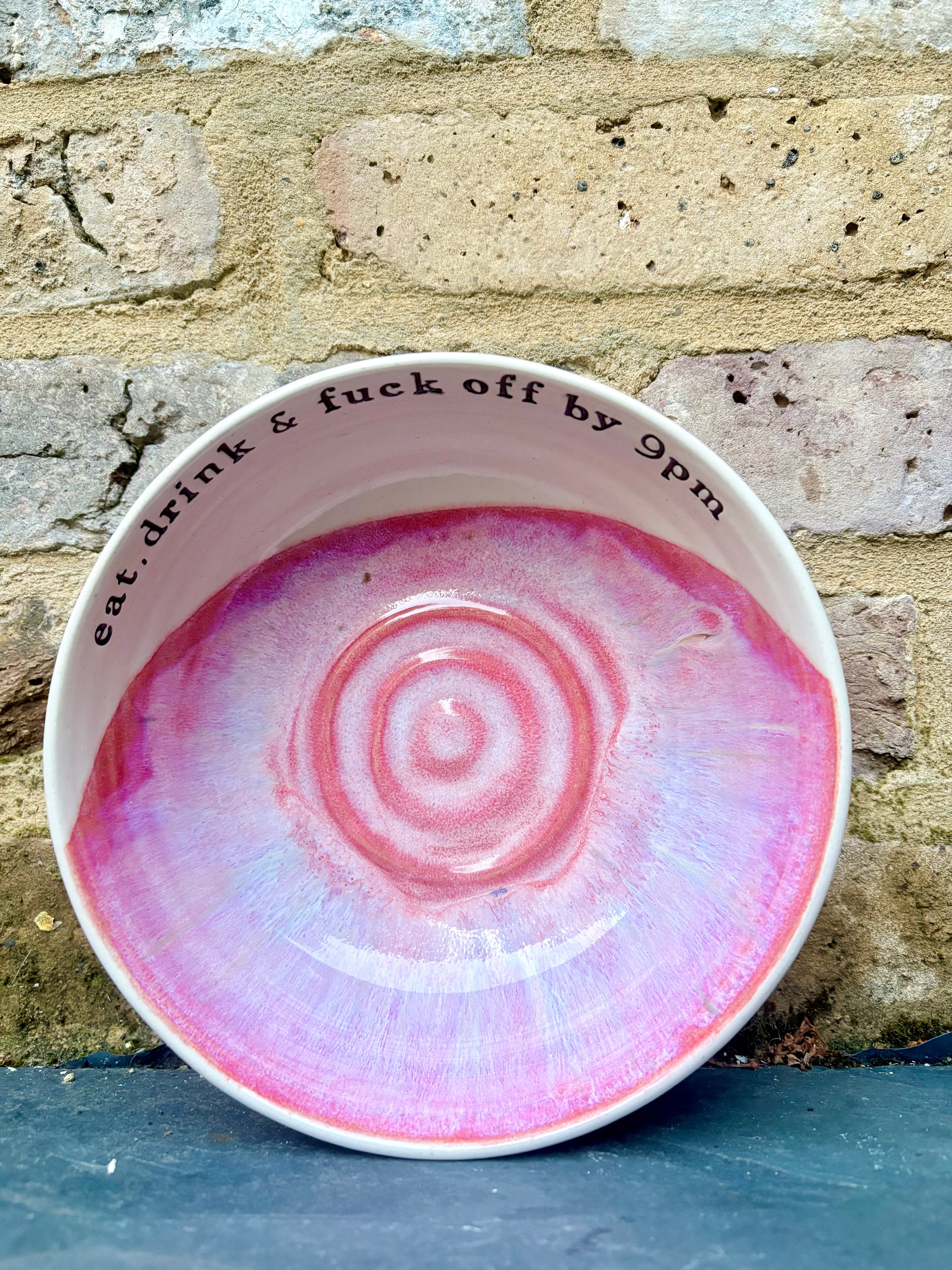 “eat, drink and fuck off by 9pm" round salad/pasta bowl (pink, cream clay)