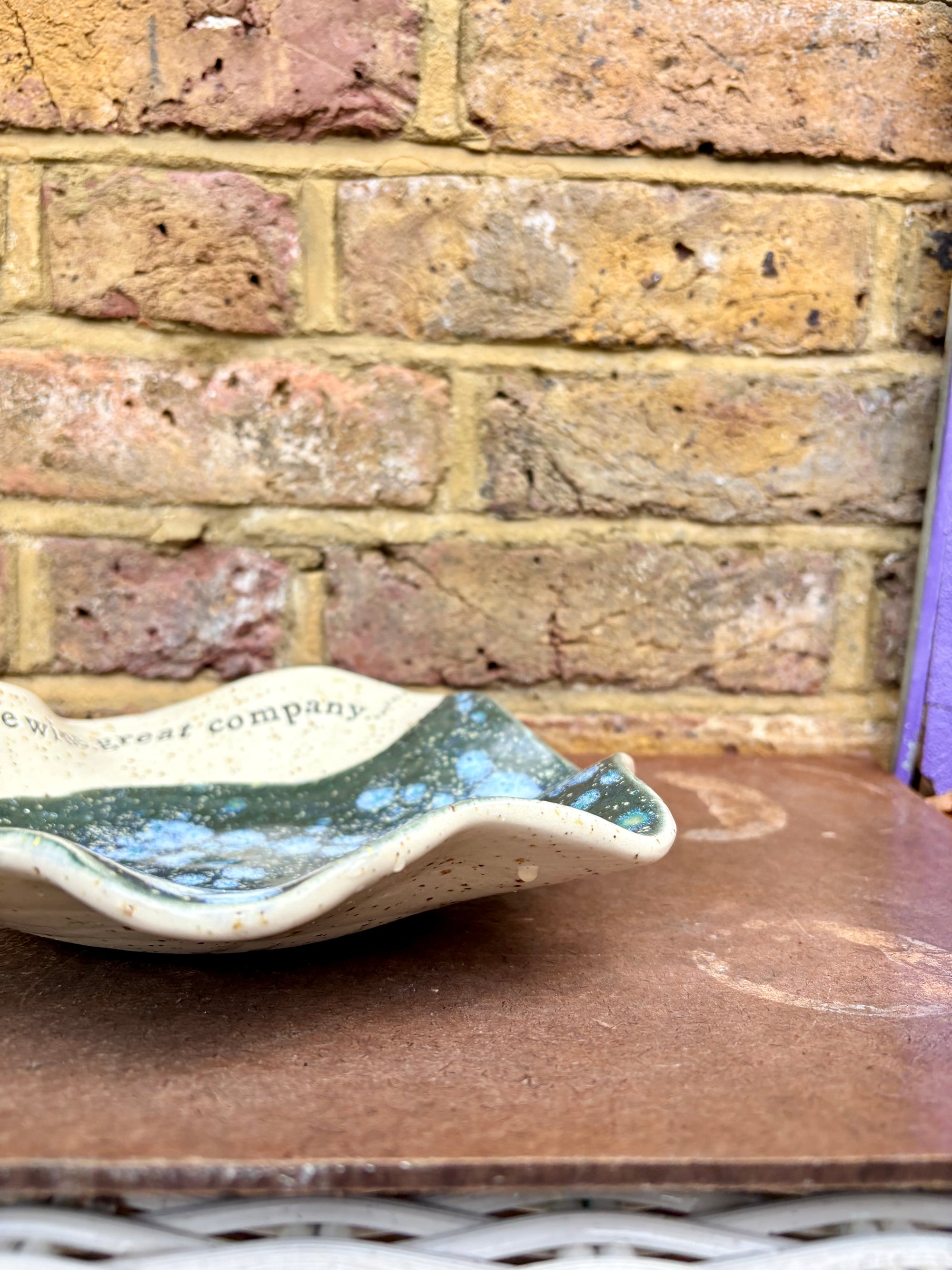 "good food, fine wine, great company..." salad/serving dish (teal green diffusion)