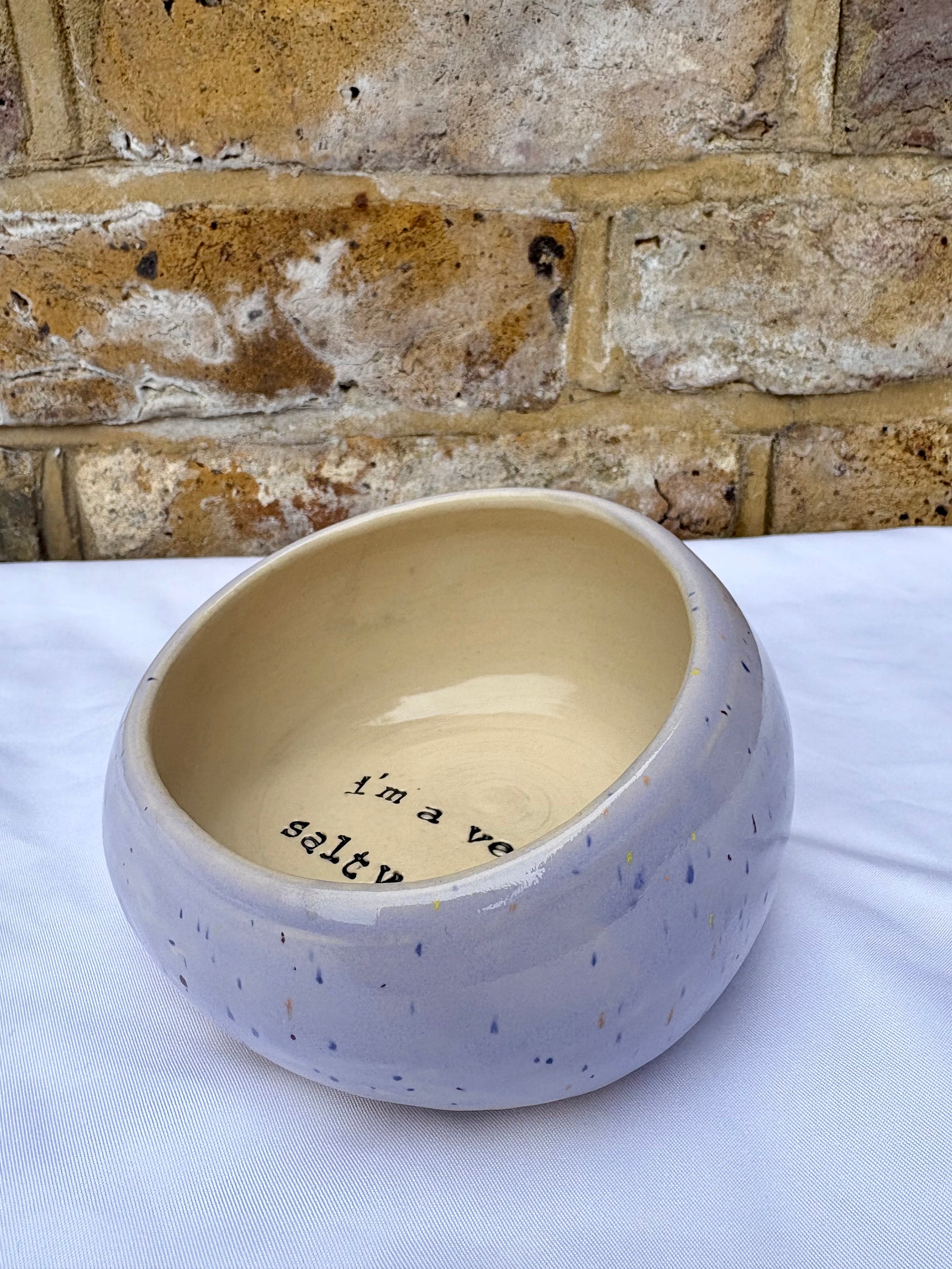 "I'm a very salty piggy" Salt Pig (wheelthrown, lilac speckle glaze)