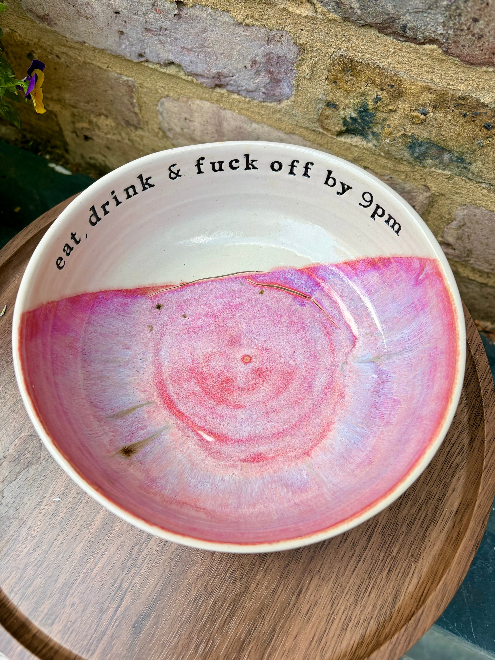 “eat, drink and fuck off by 9pm" round salad/pasta bowl (pink, cream clay, second)