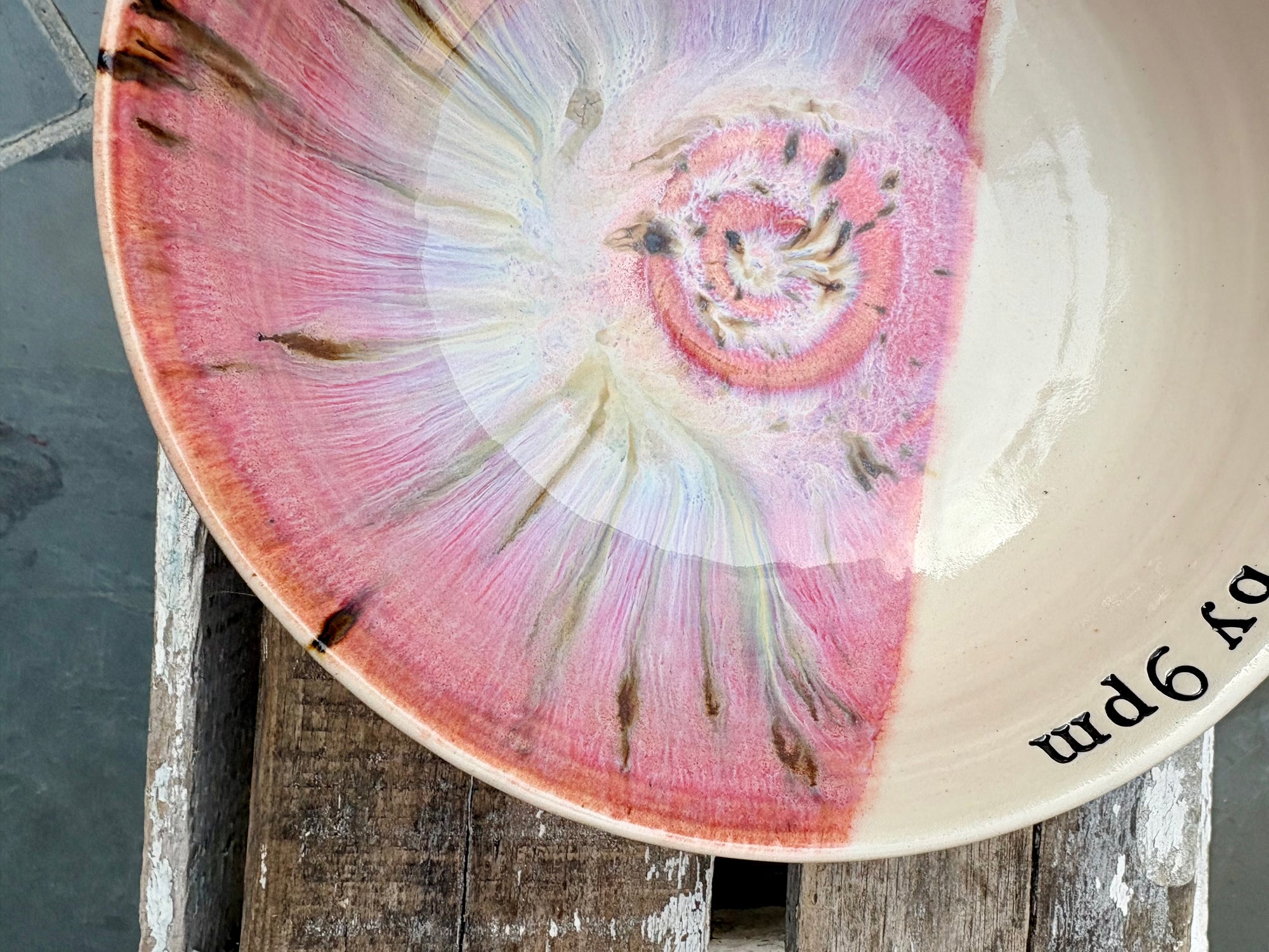 “eat, drink & fuck off by 9pm"  deep round salad/pasta bowl (pink, cream clay)