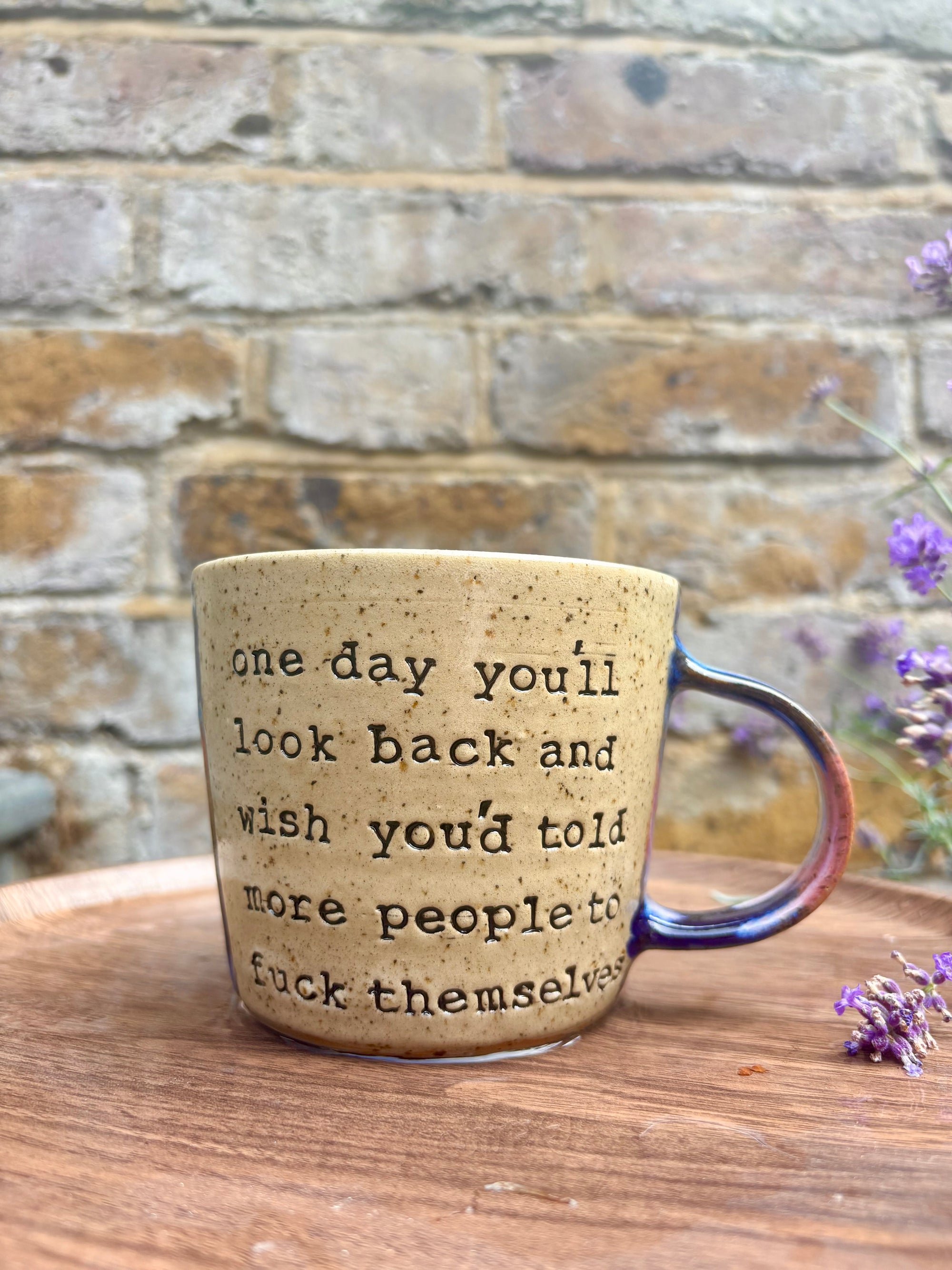 “one day you'll look back and wish you'd told more people to fuck themselves" mug (pink night sky)