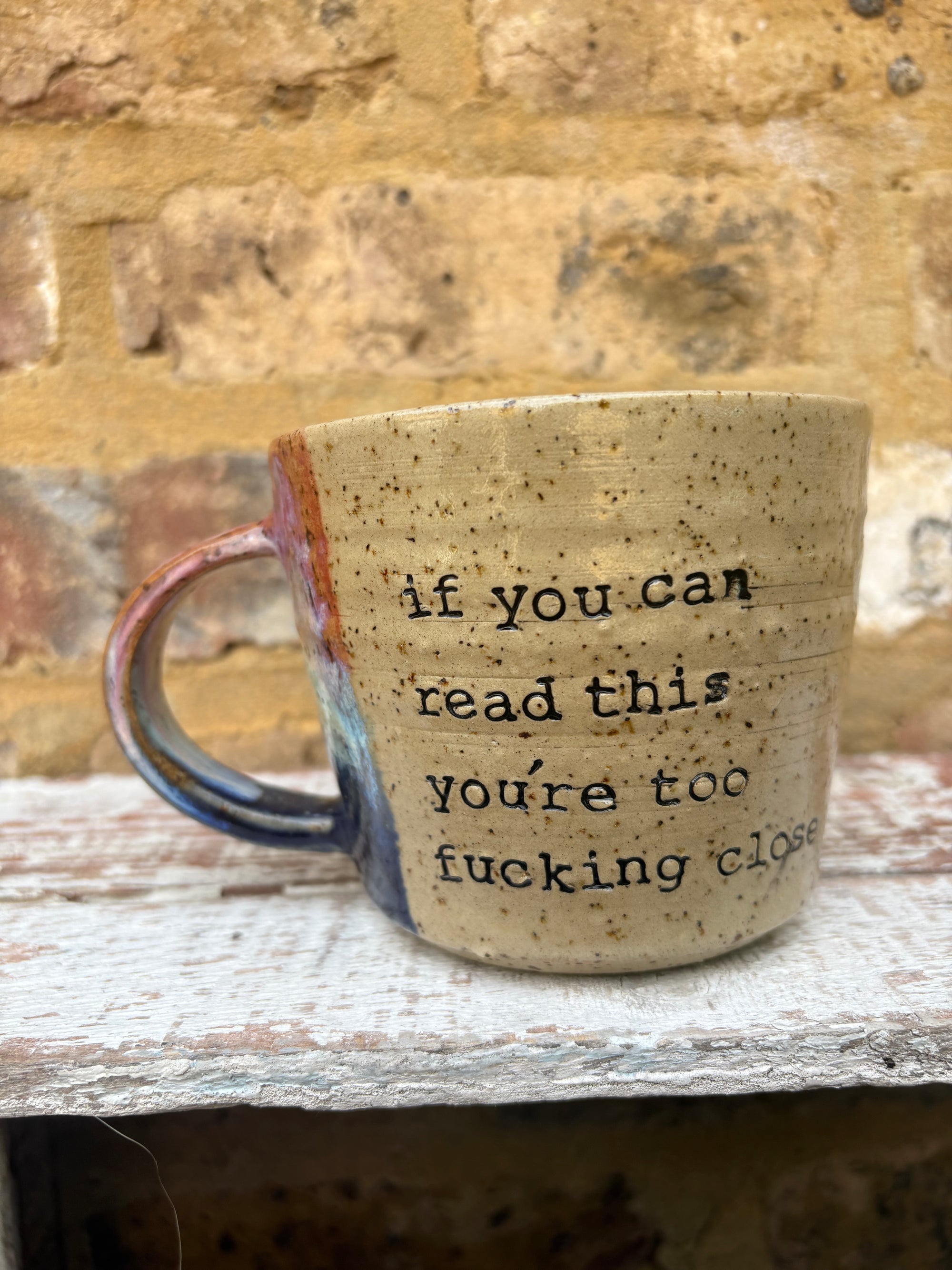 "if you can read this, you're too fucking close" mug (Pink Night Sky)