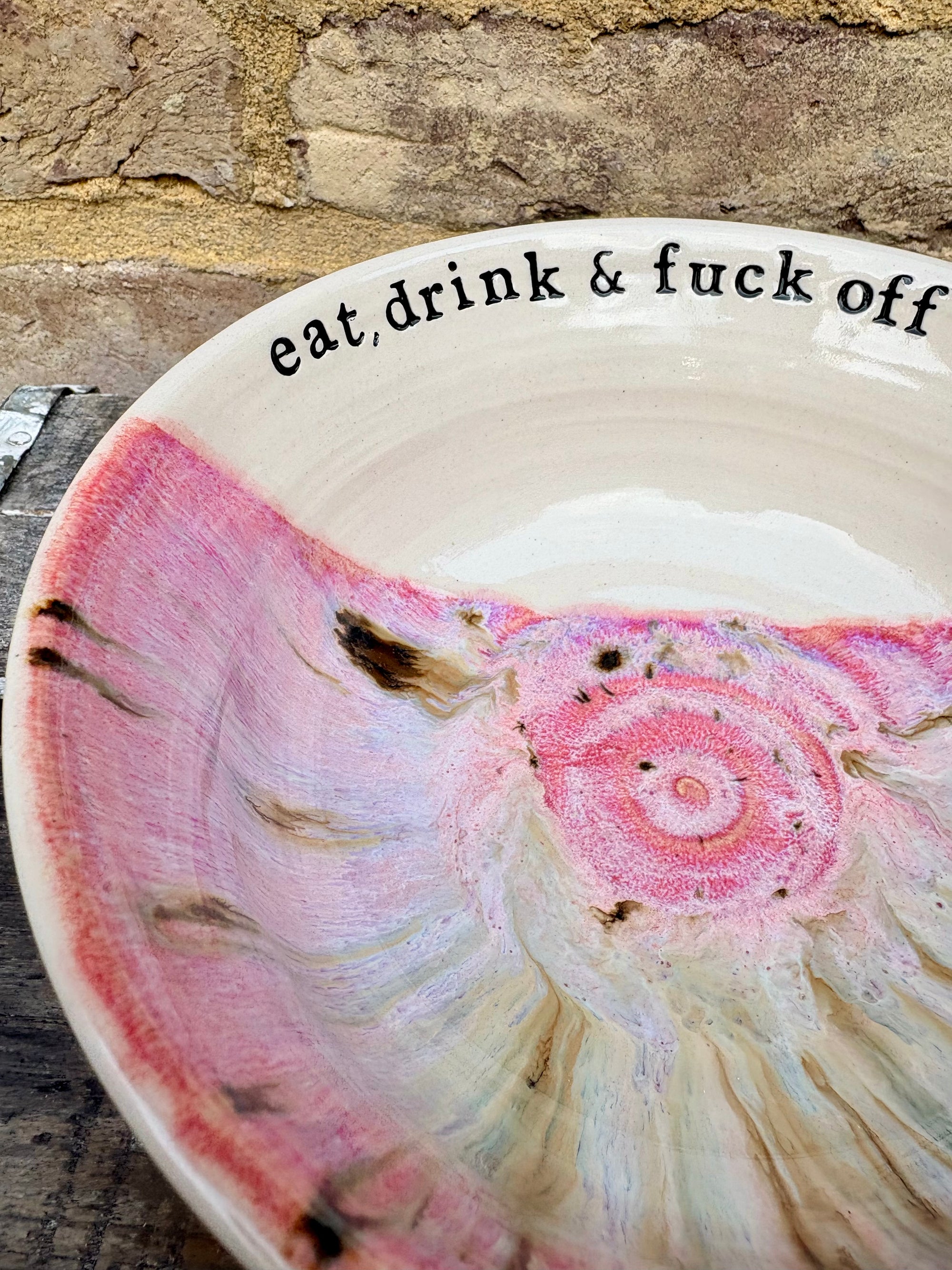 “eat, drink & fuck off by 9pm"  deep round salad/pasta bowl (pink, cream clay)
