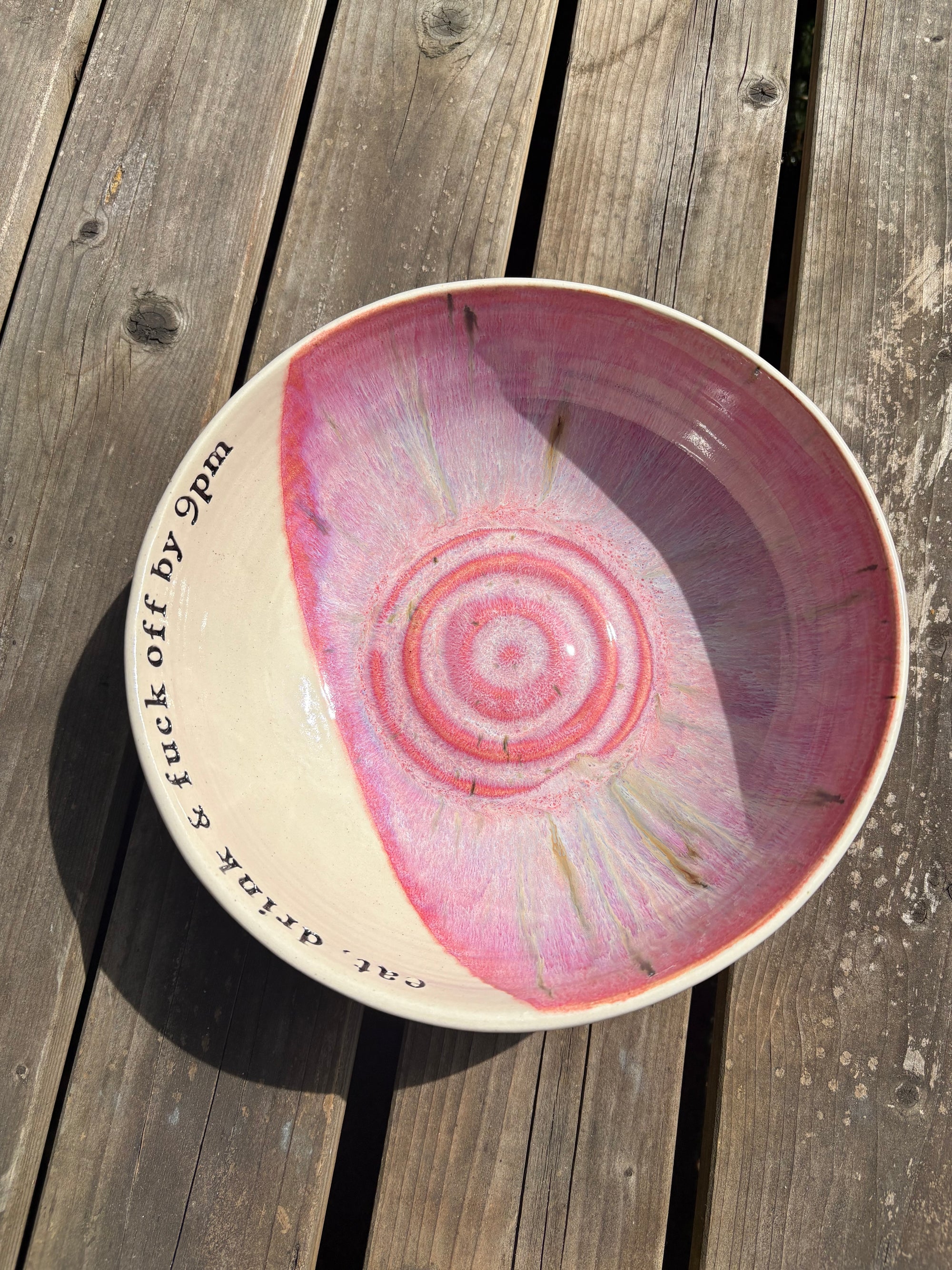 “eat, drink and fuck off by 9pm" round salad/pasta bowl (pink, cream clay, second)