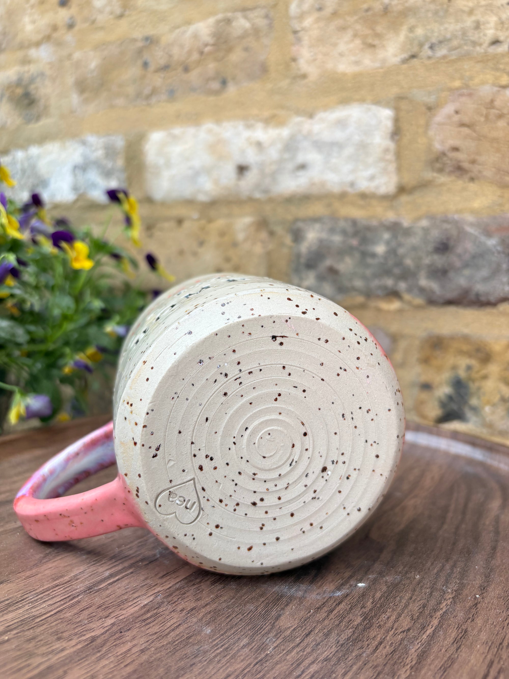 "FRAGILE like a fucking bomb" mug (pink, flecked, red FRAGILE)