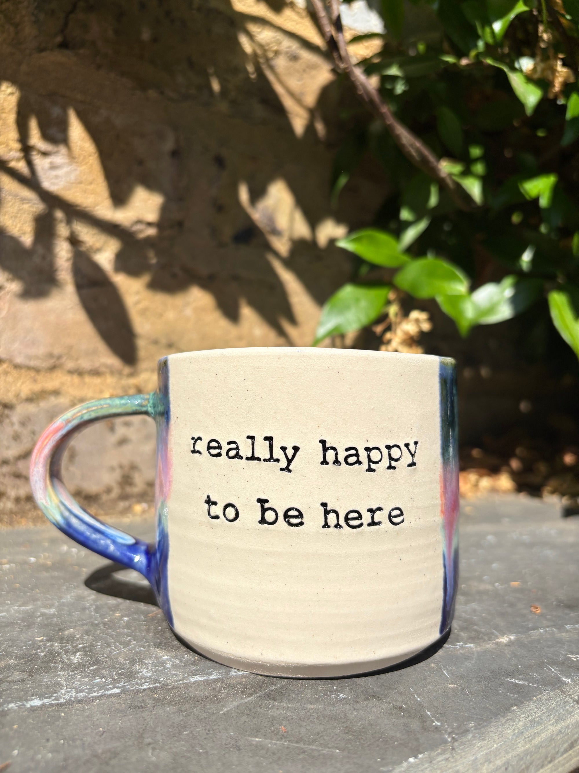 "really happy to be here” "what a bunch of cunts" mug (pink night sky, 325ml)