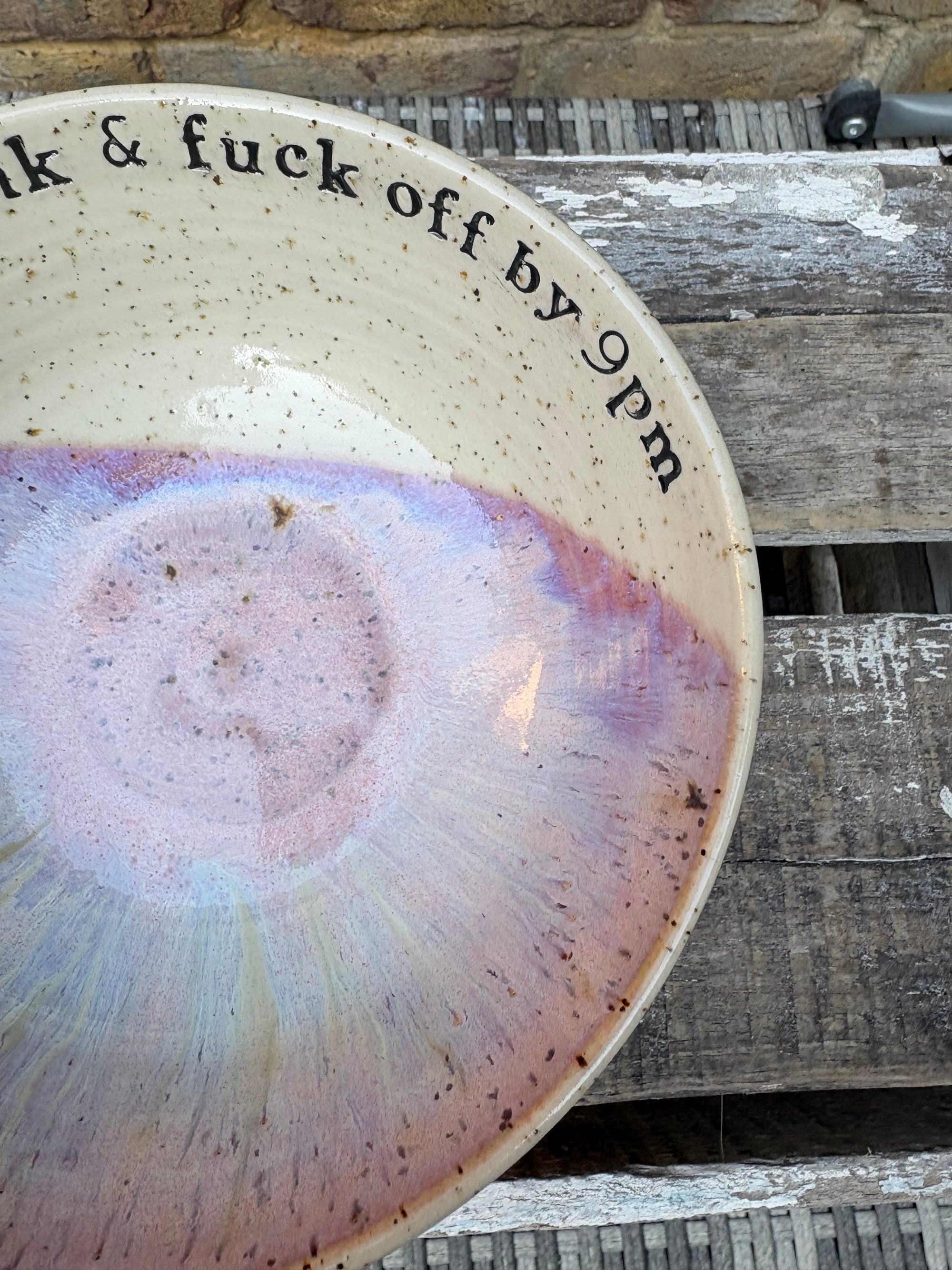 “eat, drink and fuck off by 9pm"  deep round salad/pasta bowl (lilac, flecked clay)