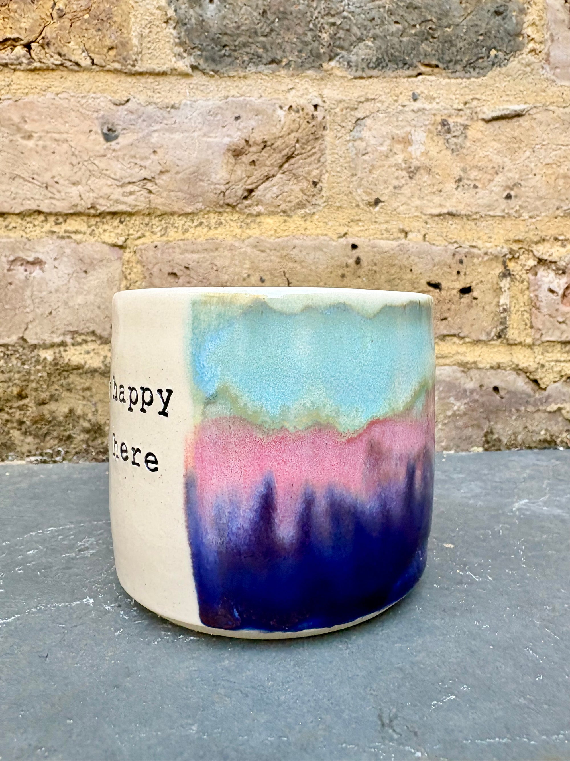 "really happy to be here” "what a bunch of cunts" mug (pink night sky)