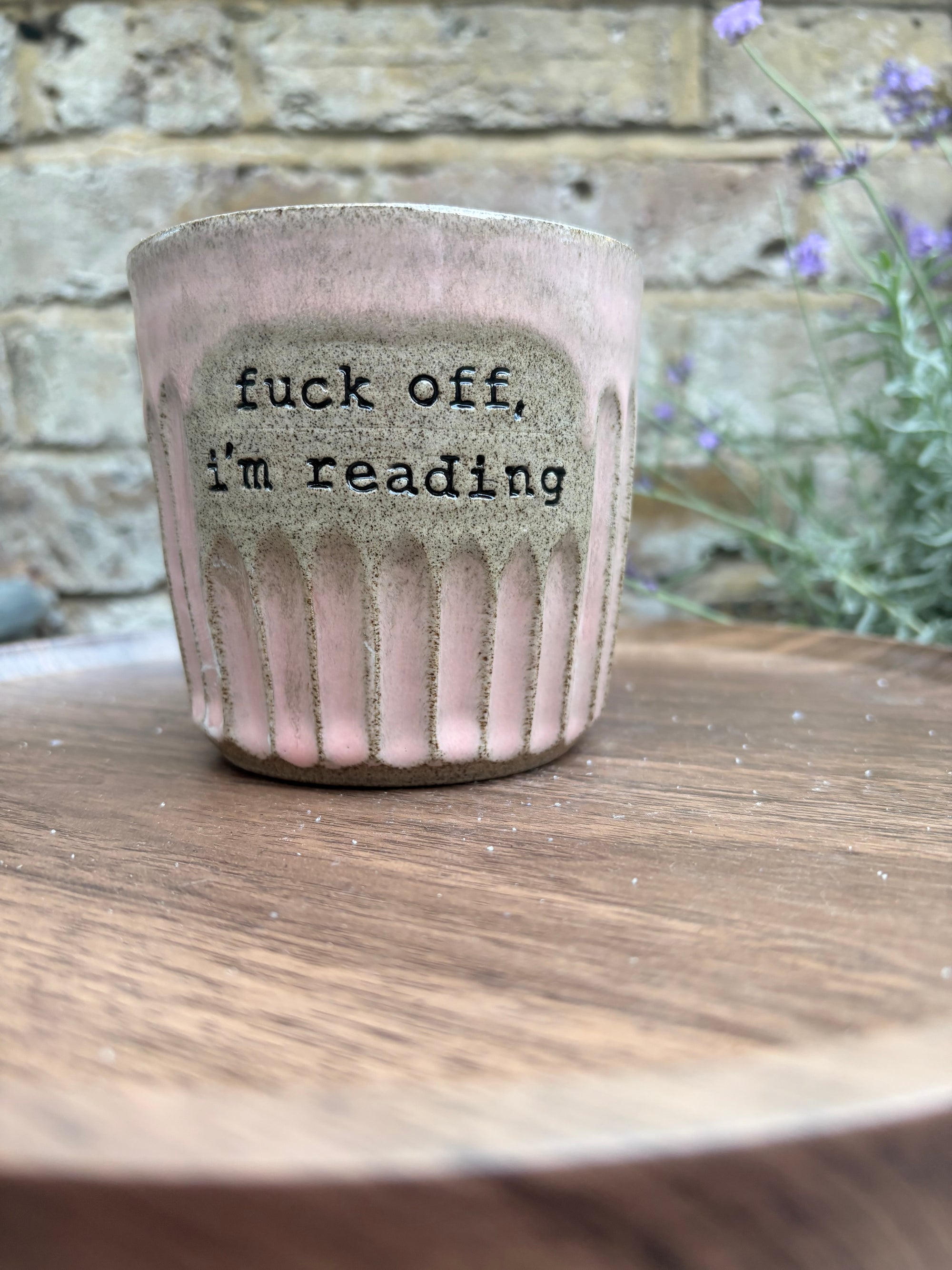 “Fuck off i'm reading" mug (no handle) (pink, grey clay)