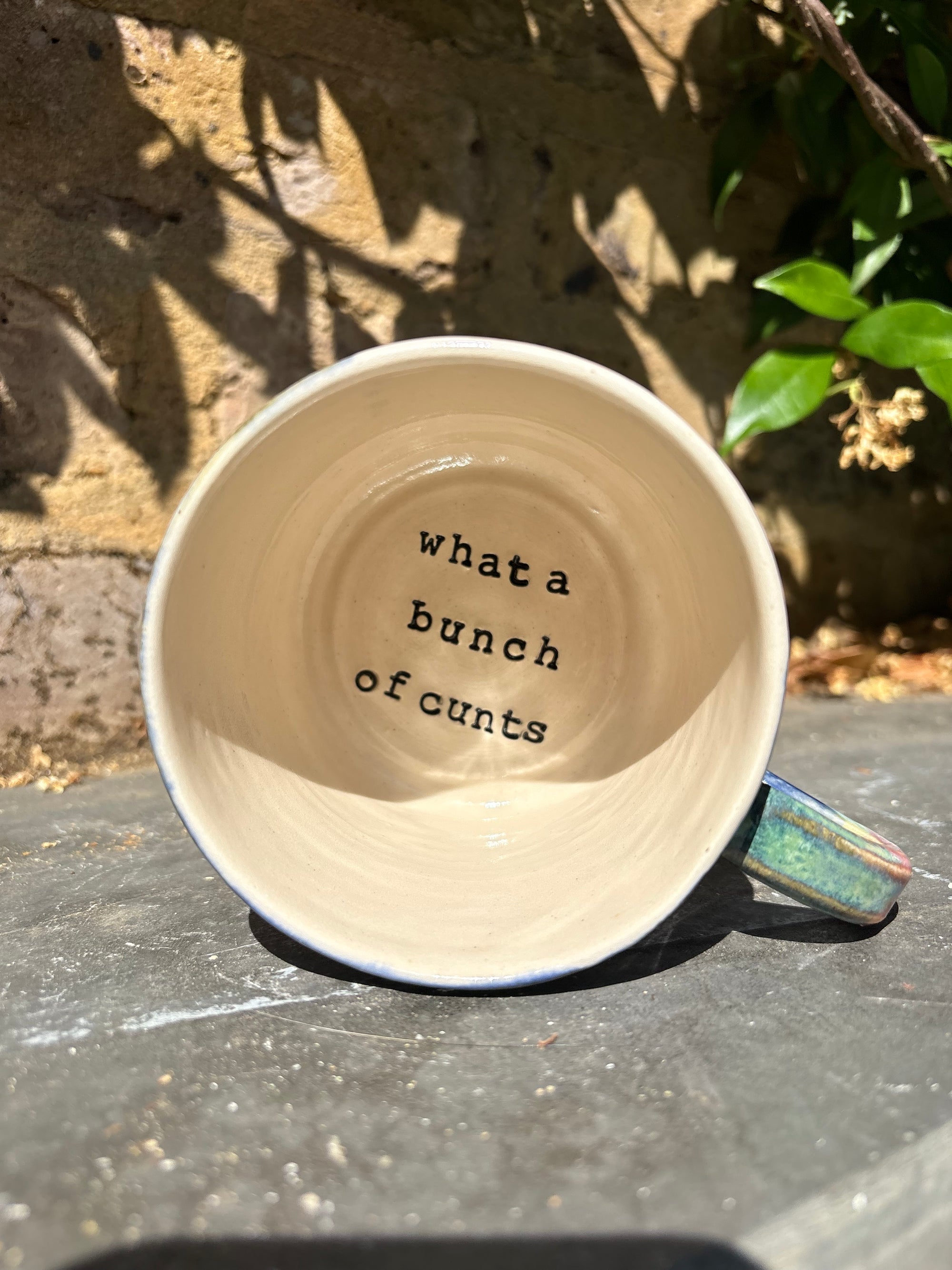"really happy to be here” "what a bunch of cunts" mug (pink night sky, 325ml)
