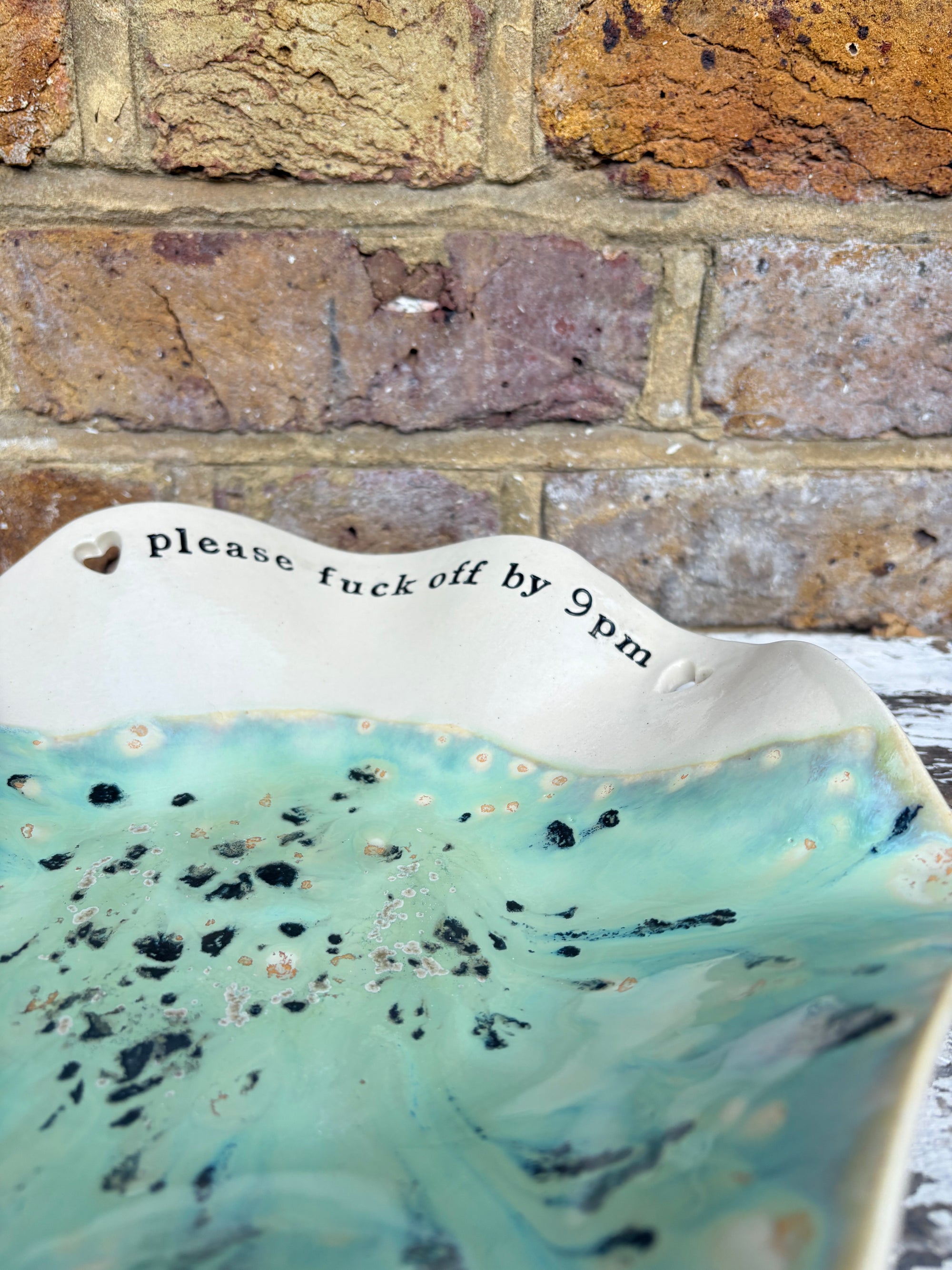 "good food, fine wine, great company..." salad/serving dish (creamy mint green)