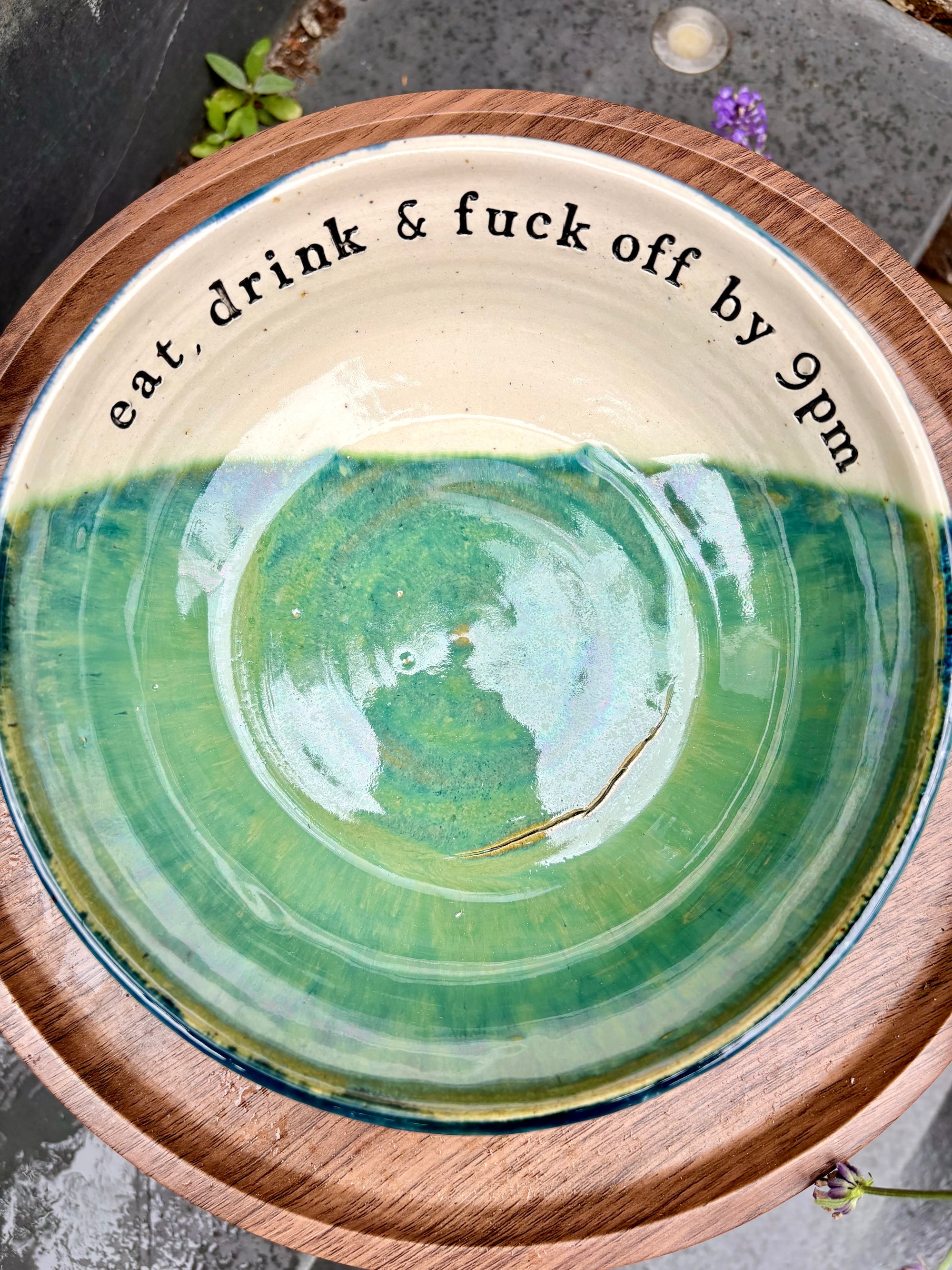 “eat, drink and fuck off by 9pm" round pasta/salad/serving bowl (green, cream clay)