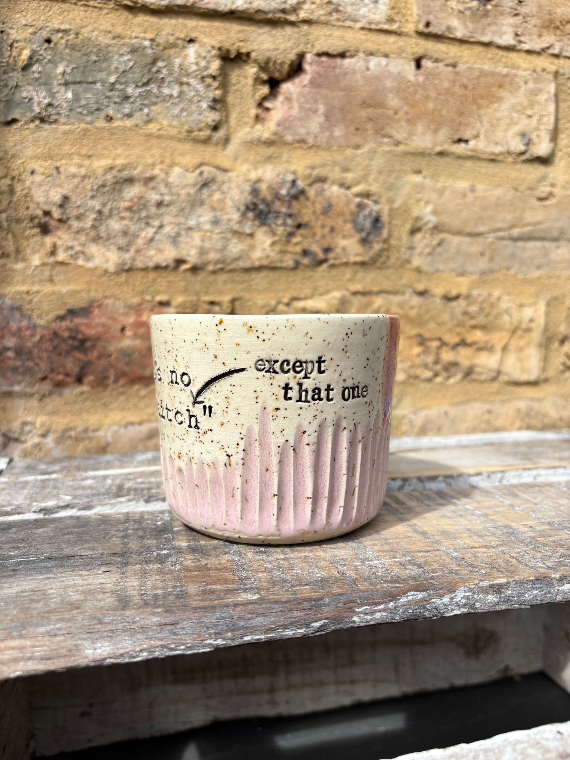 ""there's no "h" in "aitch" except that one" mug (pink)