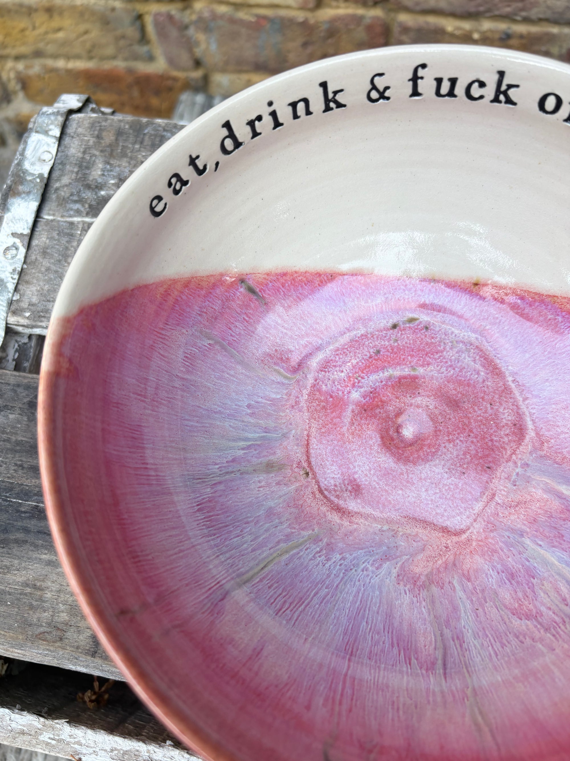 “eat, drink and fuck off by 9pm"  deep round salad/pasta bowl (cream clay, pink)