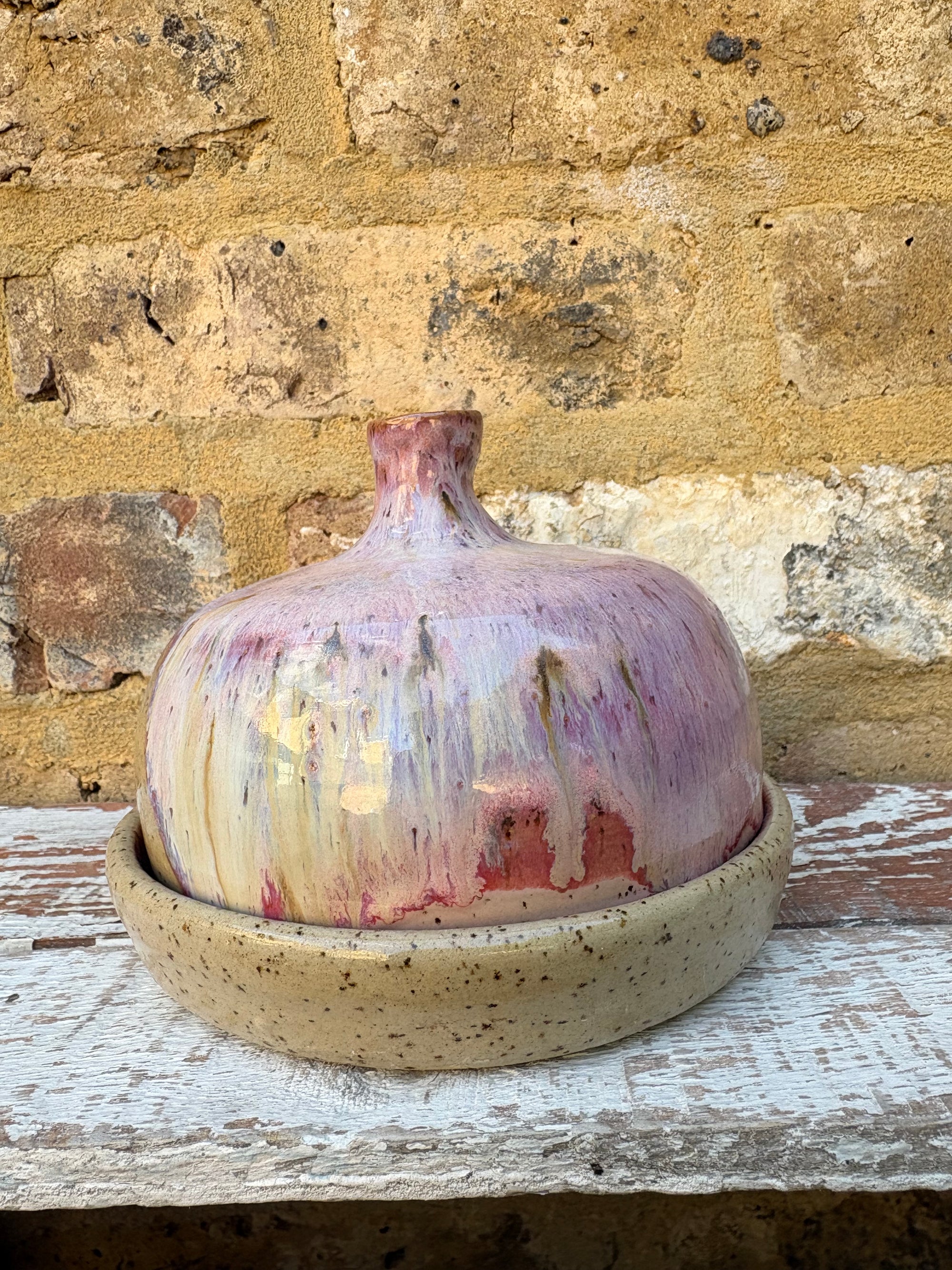 Butter Dish (butter slut, pink wood, flecked clay, knob)