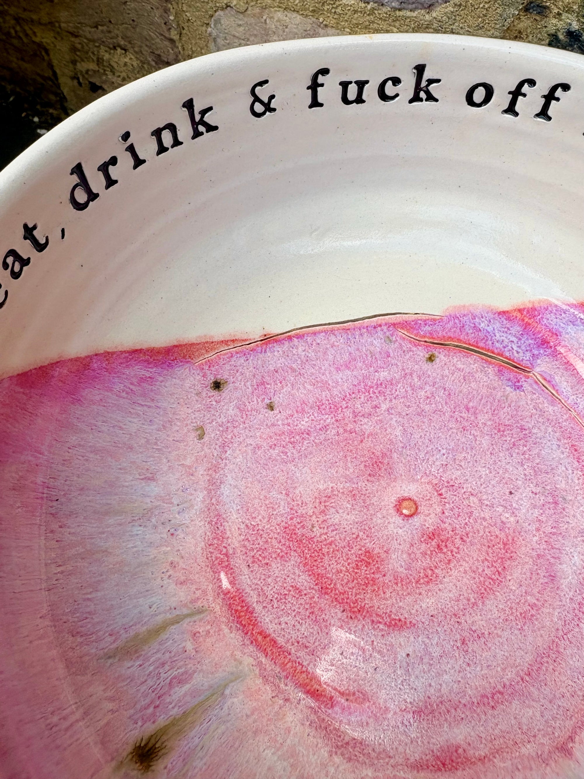 “eat, drink and fuck off by 9pm" round salad/pasta bowl (pink, cream clay, second)