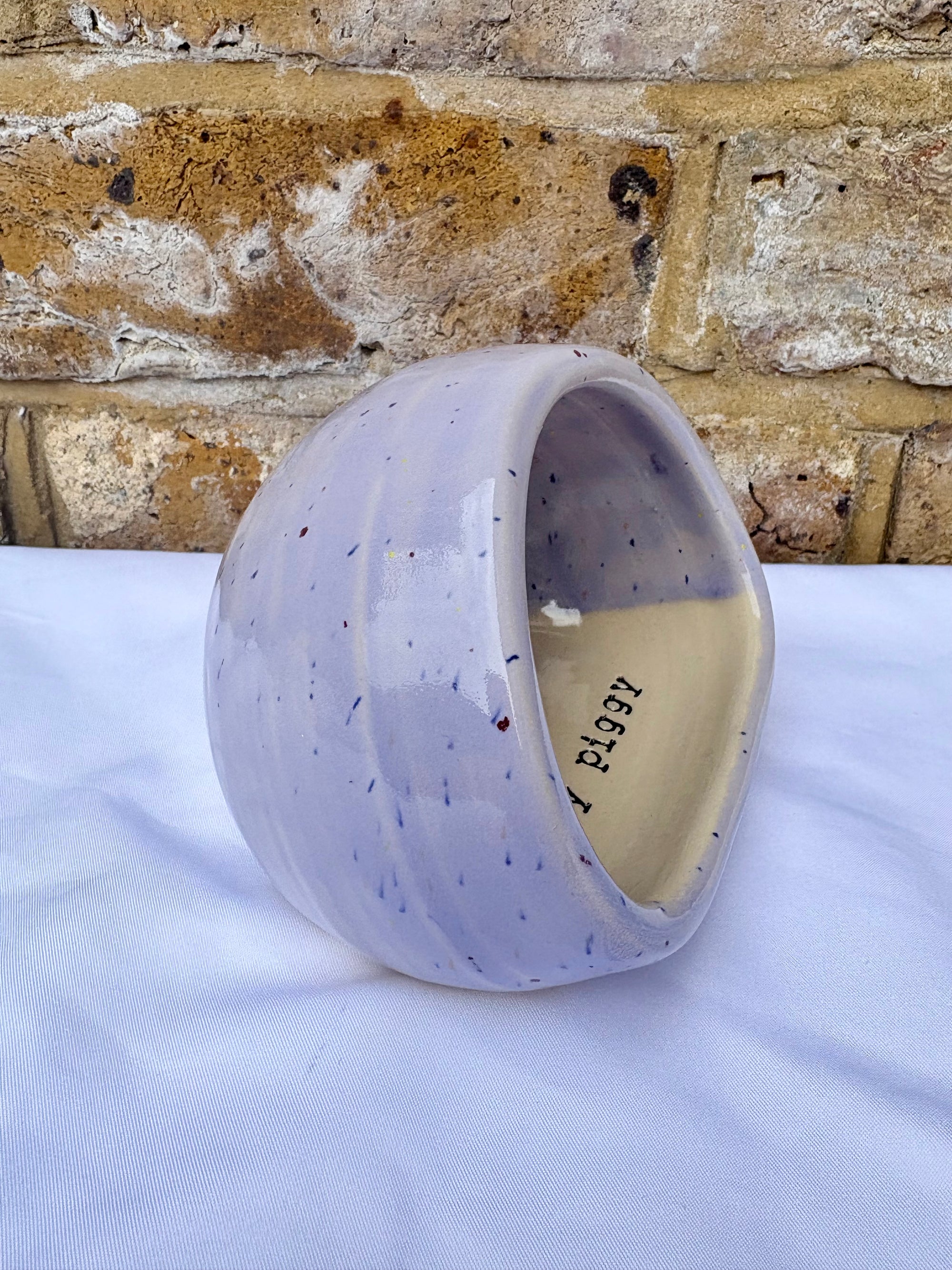 "I'm a salty piggy" Salt Pig (wheelthrown, lilac speckle glaze)