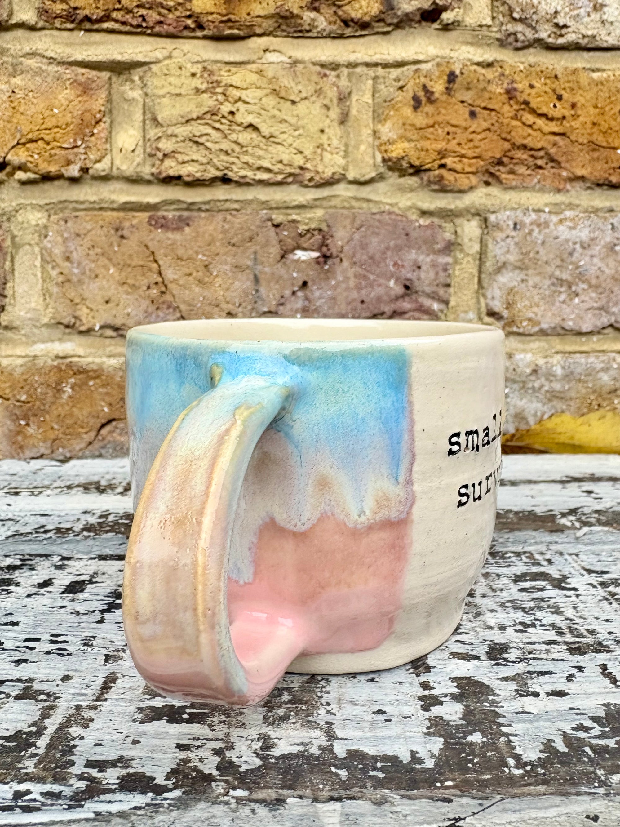 Small Talk Survivor mug (pinks and blue)