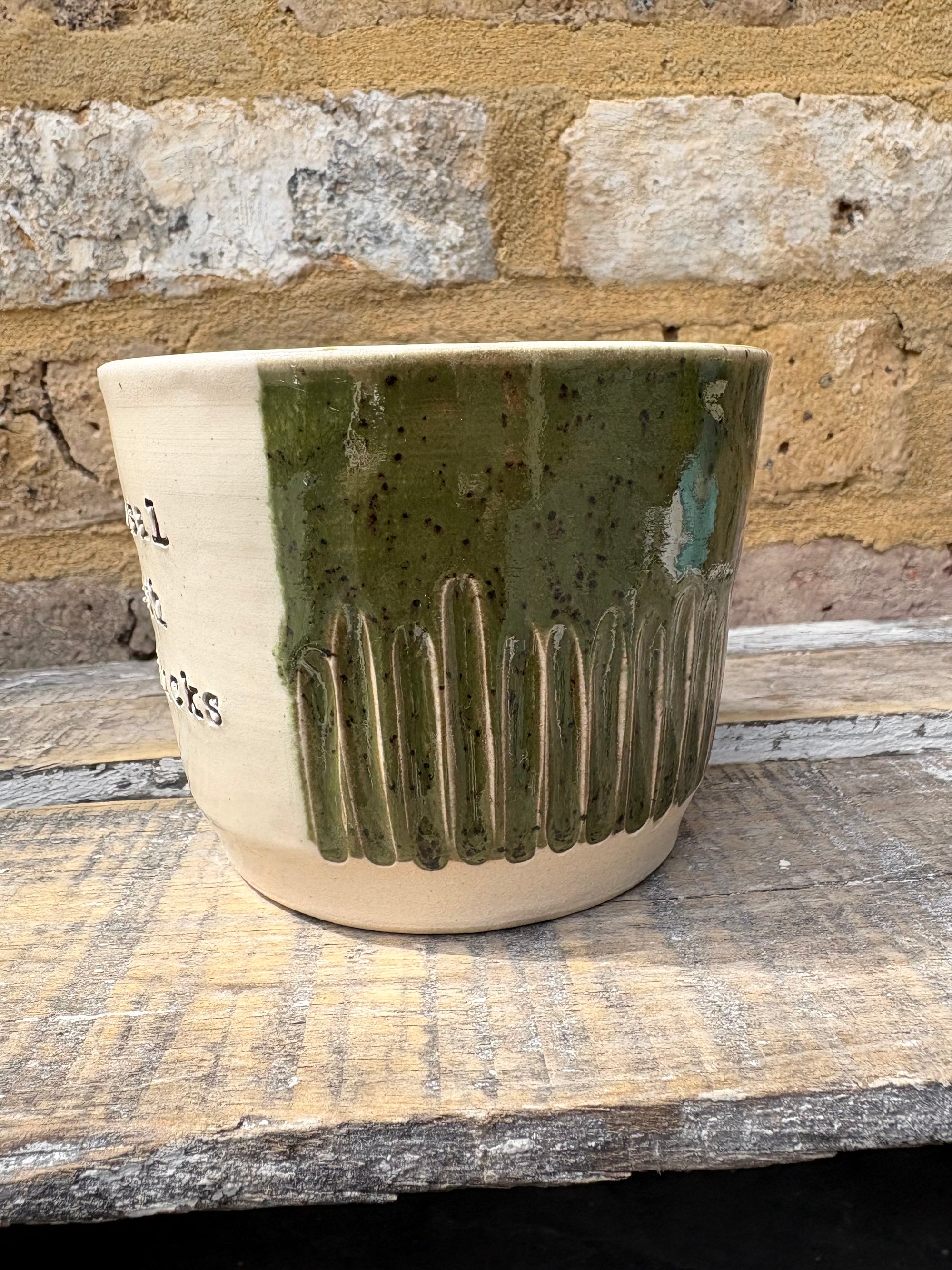 "menopausal and fresh out of fucks" mug (speckled green)