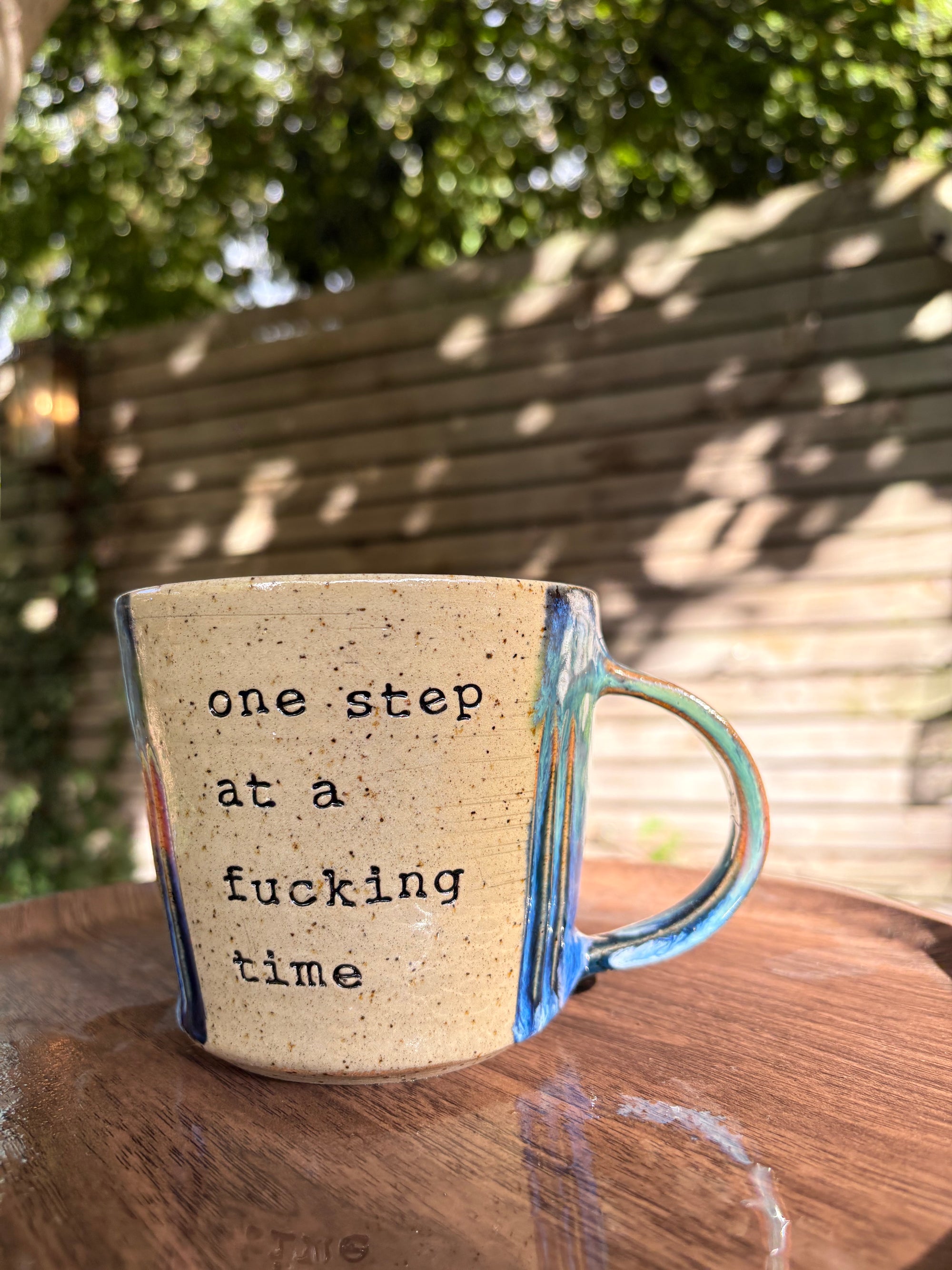 “one step at a fucking time" mug