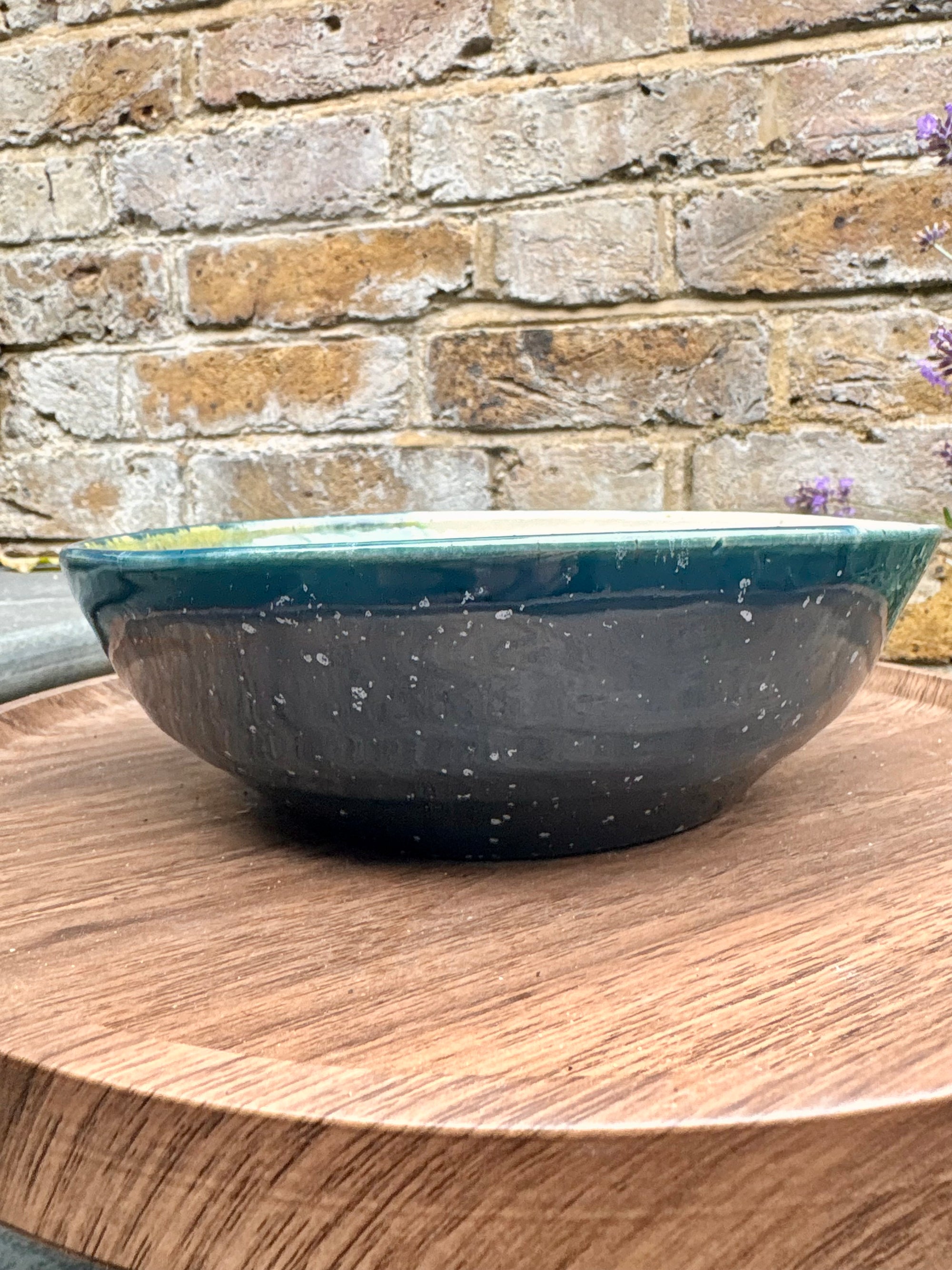 “eat, drink and fuck off by 9pm" round pasta/salad/serving bowl (green, cream clay)