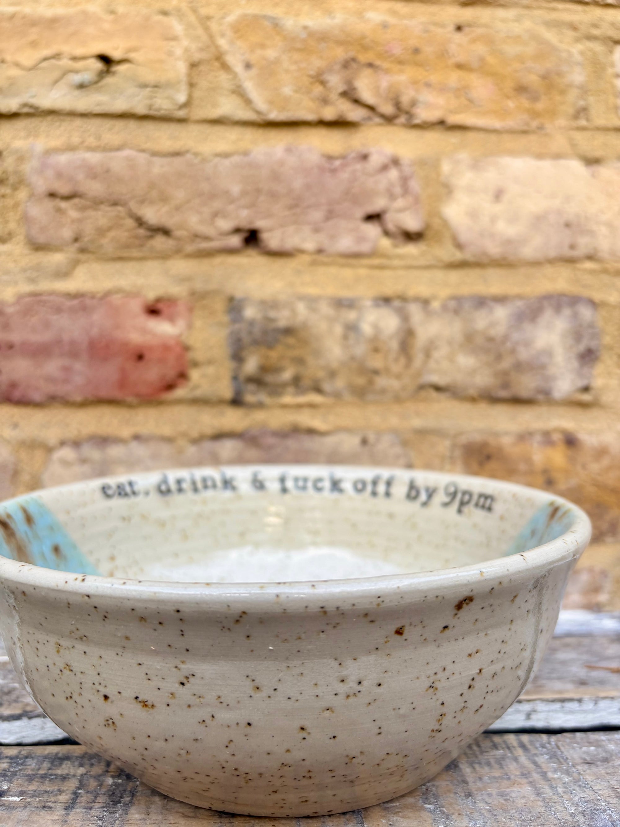 “eat, drink & fuck off by 9pm"  deep round salad/pasta bowl (mint choc chip, flecked clay)