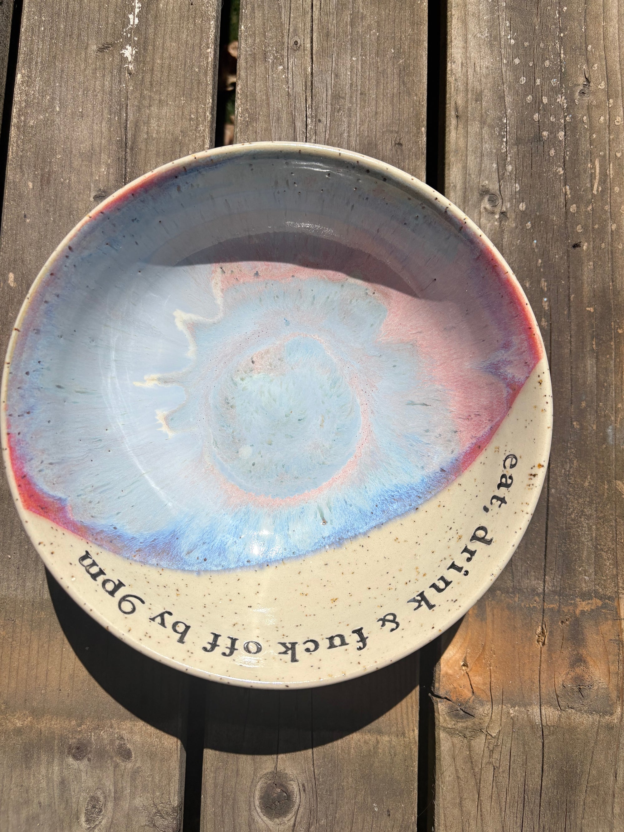 “eat, drink and fuck off by 9pm" round salad/pasta bowl (pastels, flecked clay)
