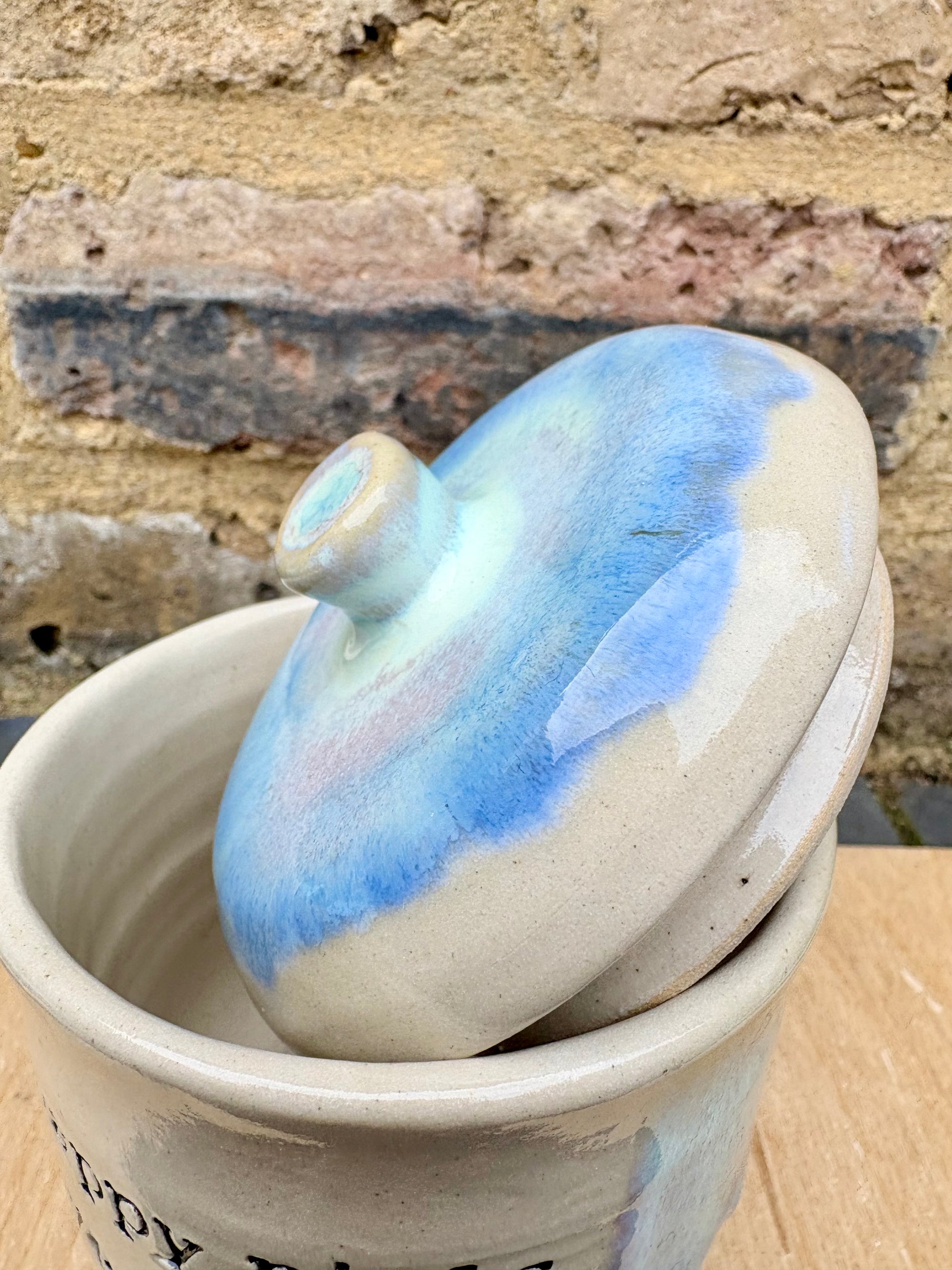 "my happy pills live here" lidded pot (oyster blue)