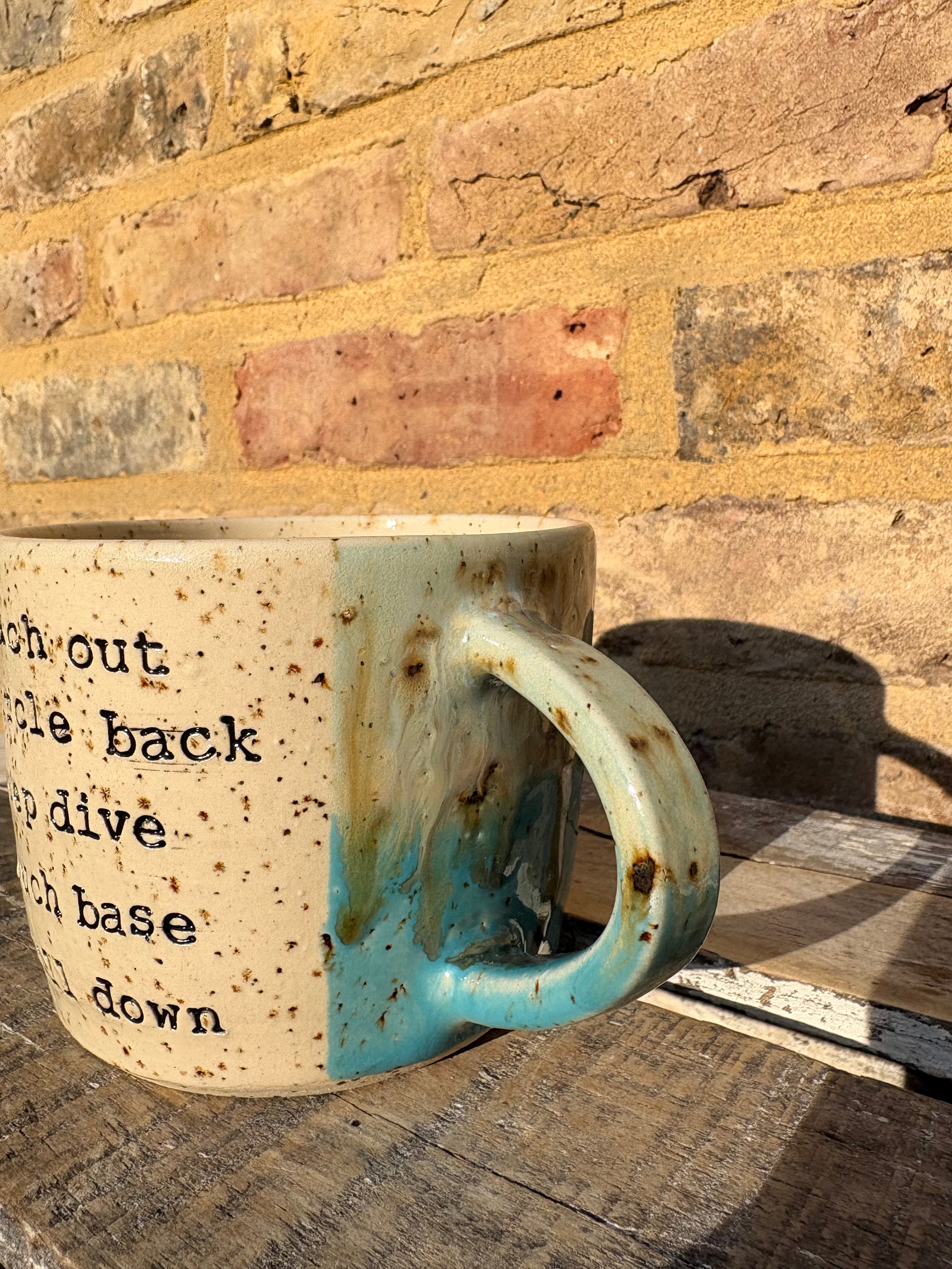"reach out circle back deep dive touch base drill down” mug (turquoise)