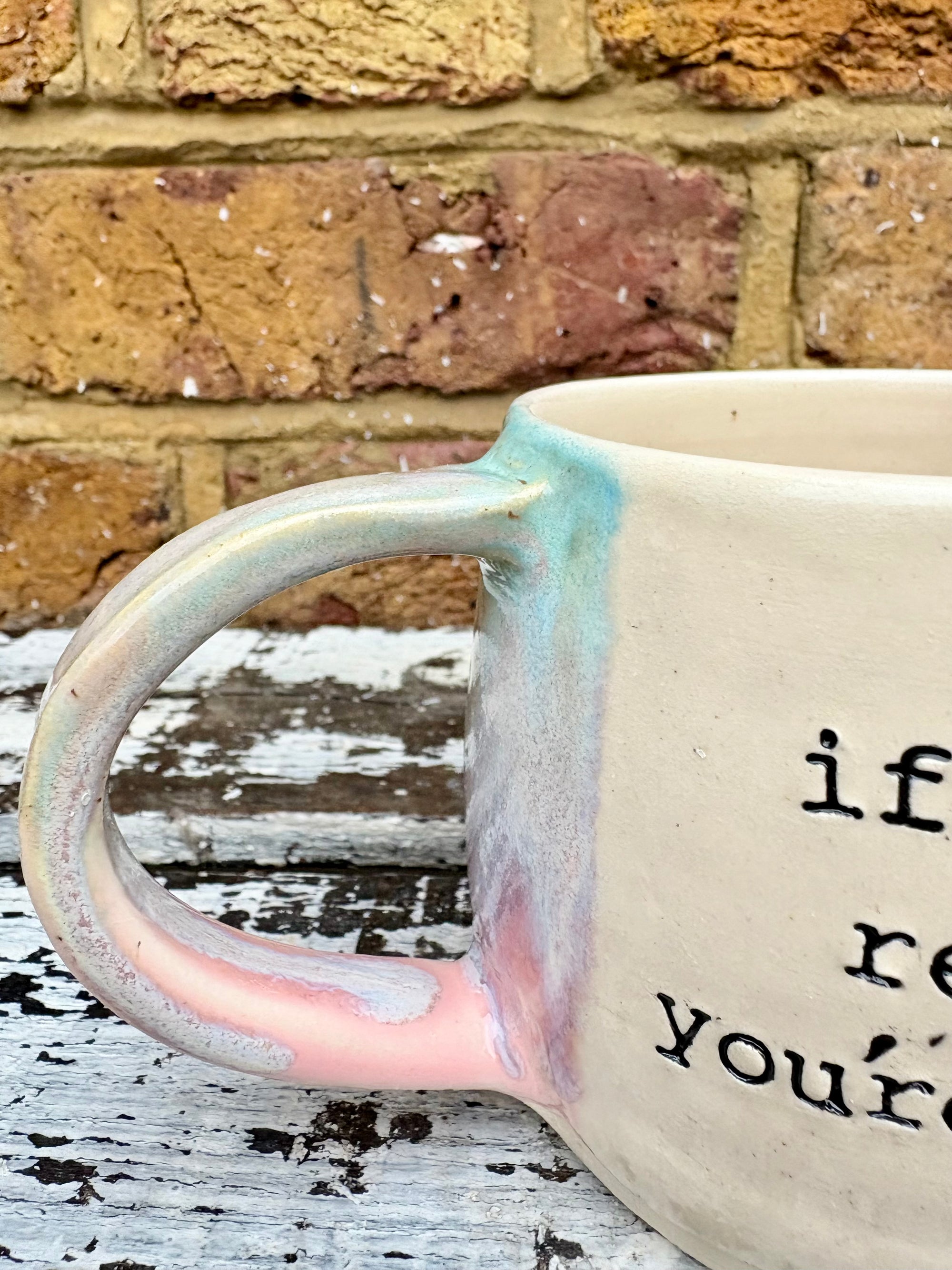 "if you can read this, you're too close" mug (Pink Skies)