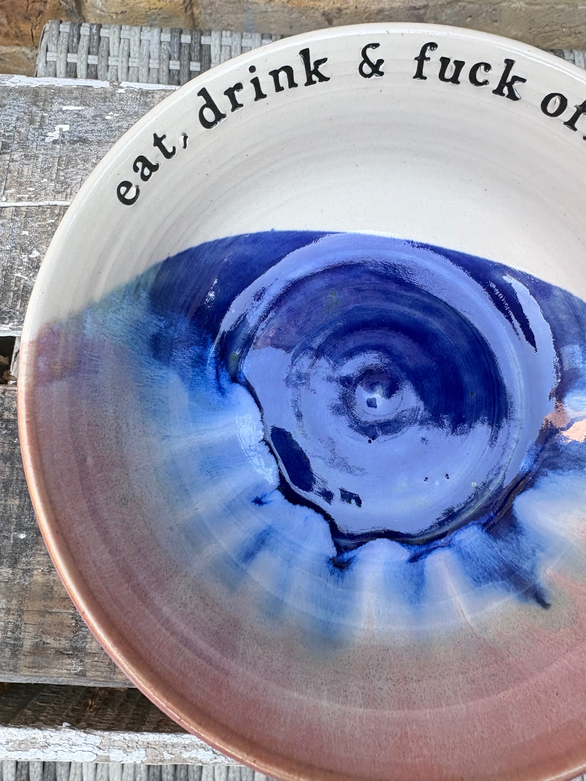 “eat, drink and fuck off by 9pm"  deep round salad/pasta bowl (pink night sky)