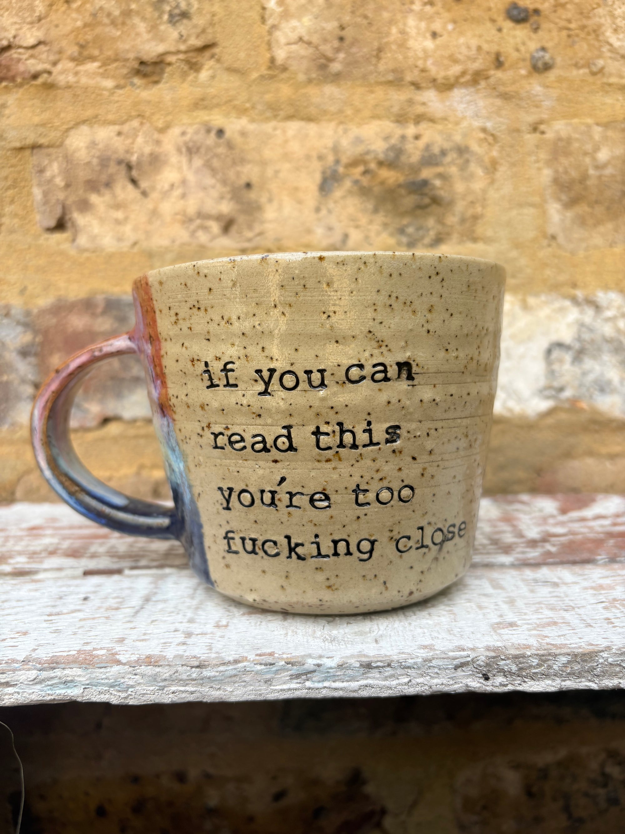 "if you can read this, you're too fucking close" mug (Pink Night Sky)
