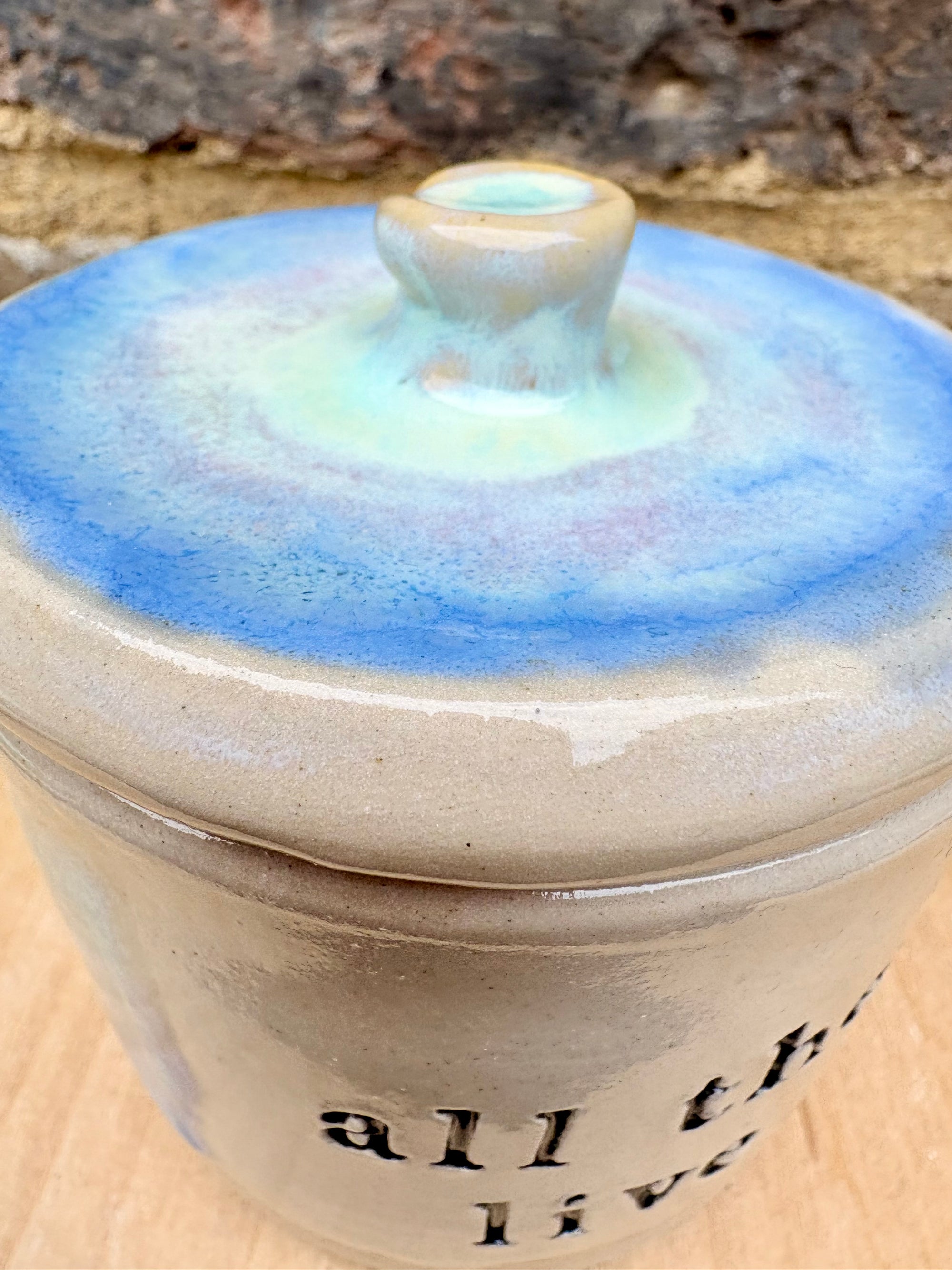 "all the drugs live here" lidded pot (oyster blue)