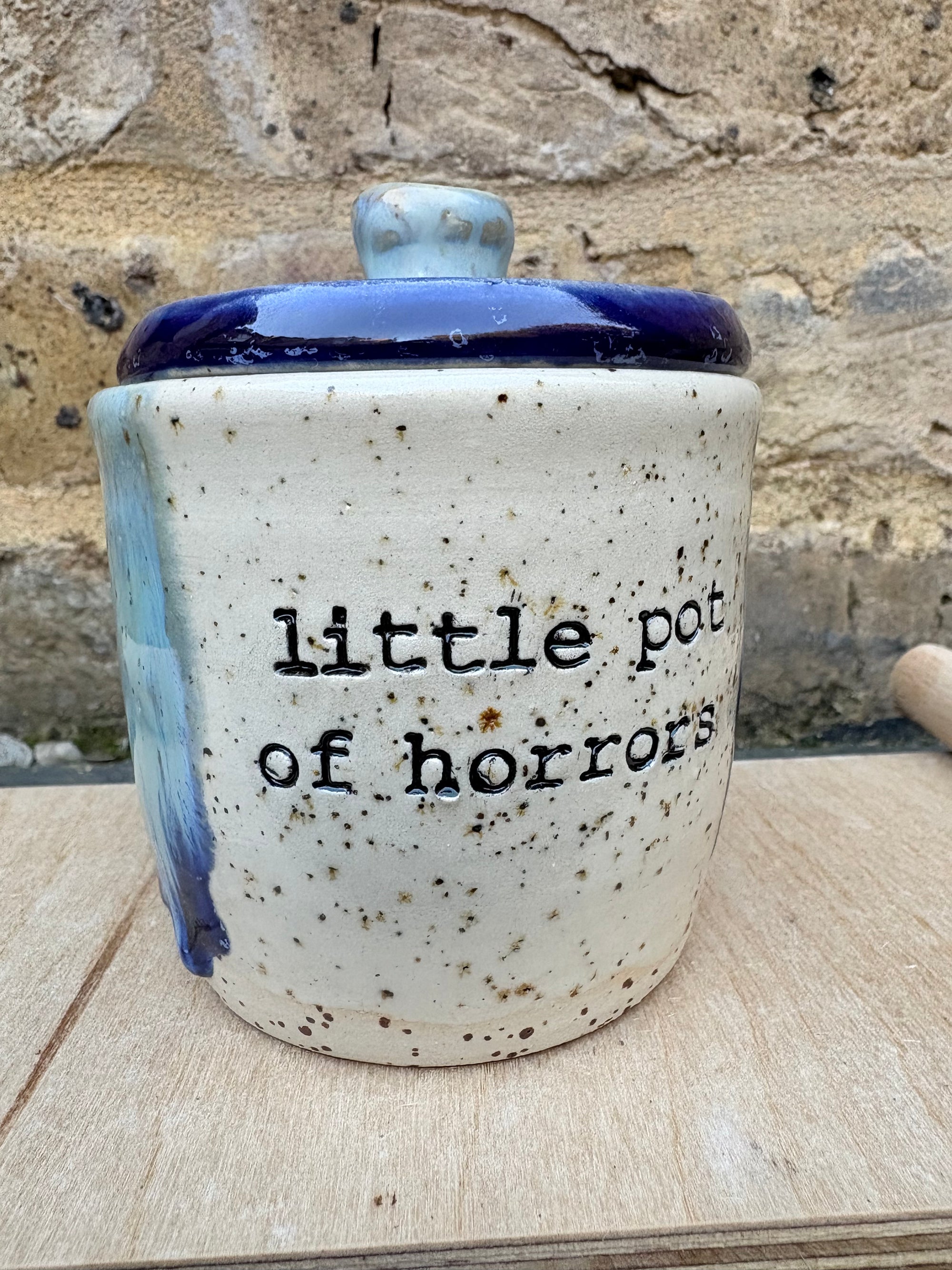 “little pot of horrors" lidded pot (blue night sky)