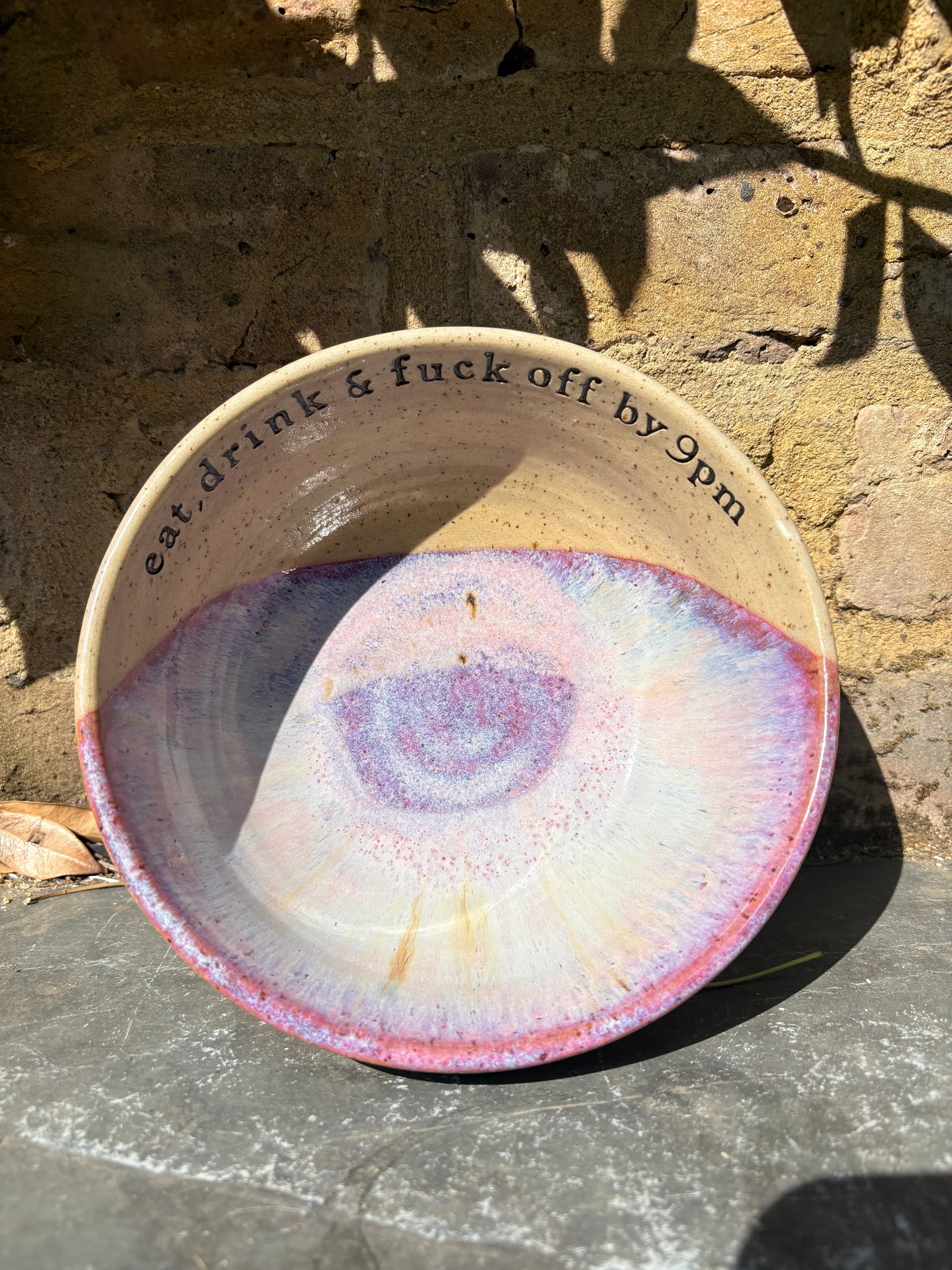 “eat, drink and fuck off by 9pm"  deep round salad/pasta bowl (lilac, flecked clay)