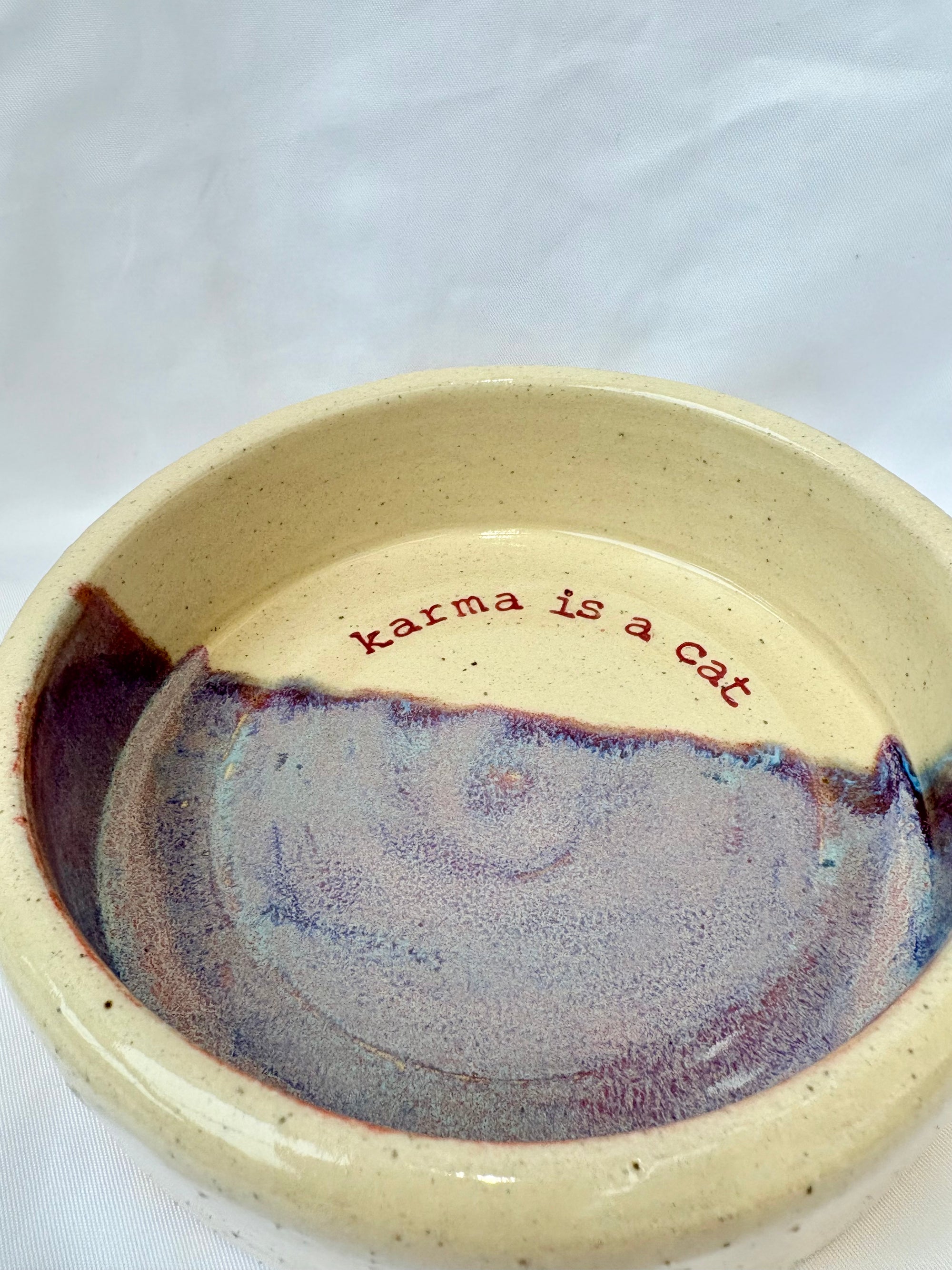 “karma is a cat” cat bowl (pink/purple)