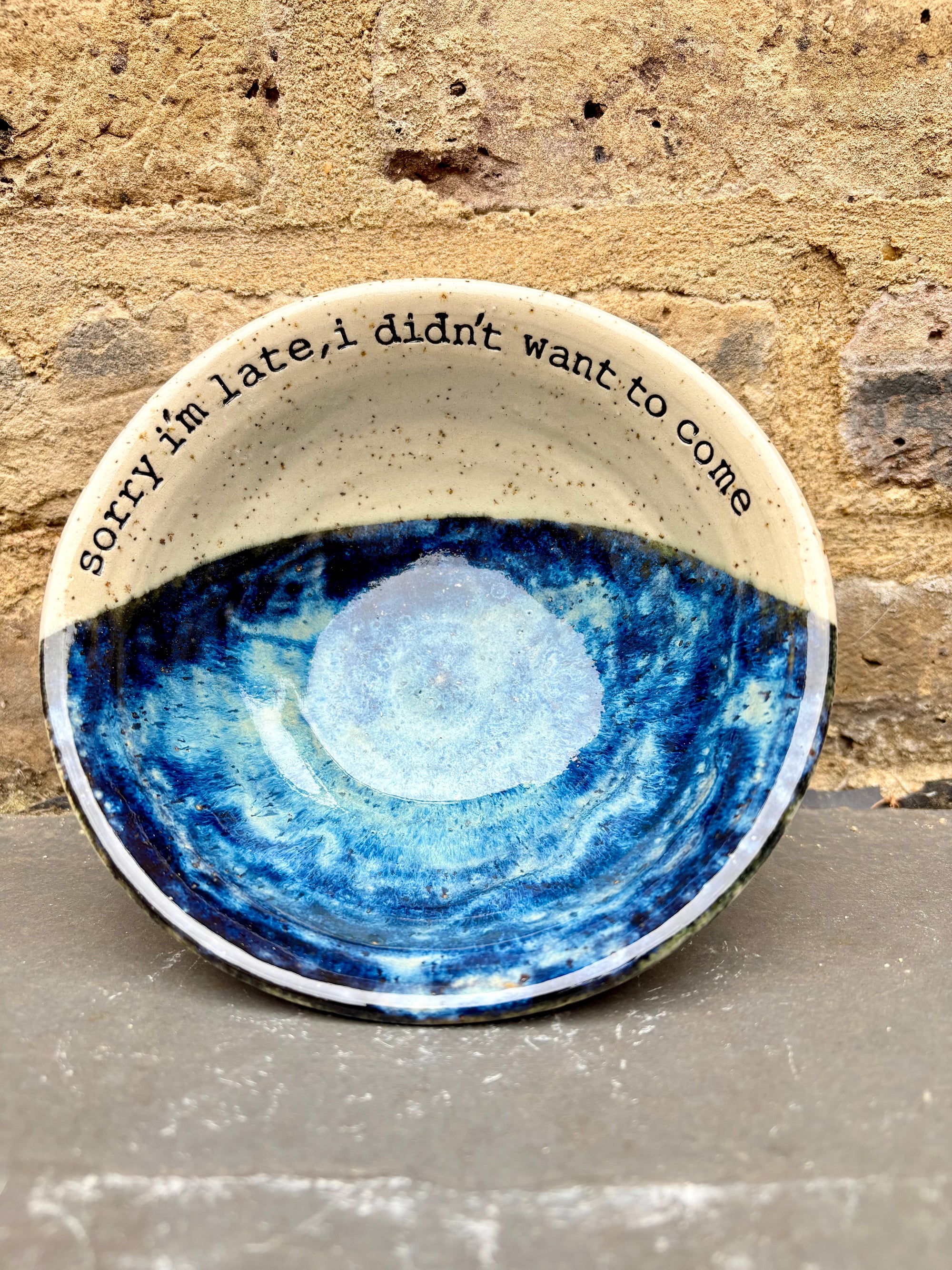 "sorry i'm late, I didn't want to come" bowl (blue)
