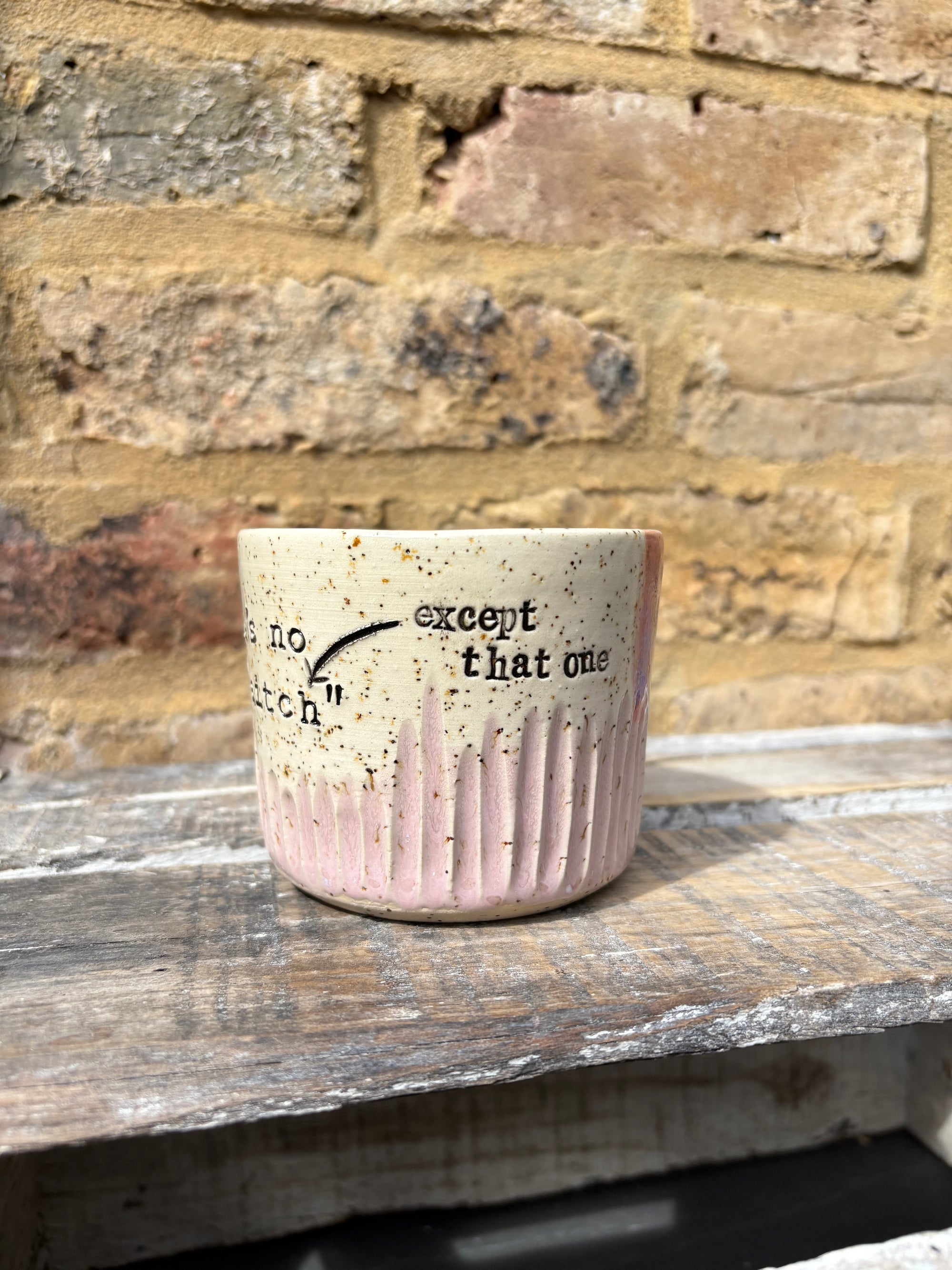 ""there's no "h" in "aitch" except that one" mug (pink)