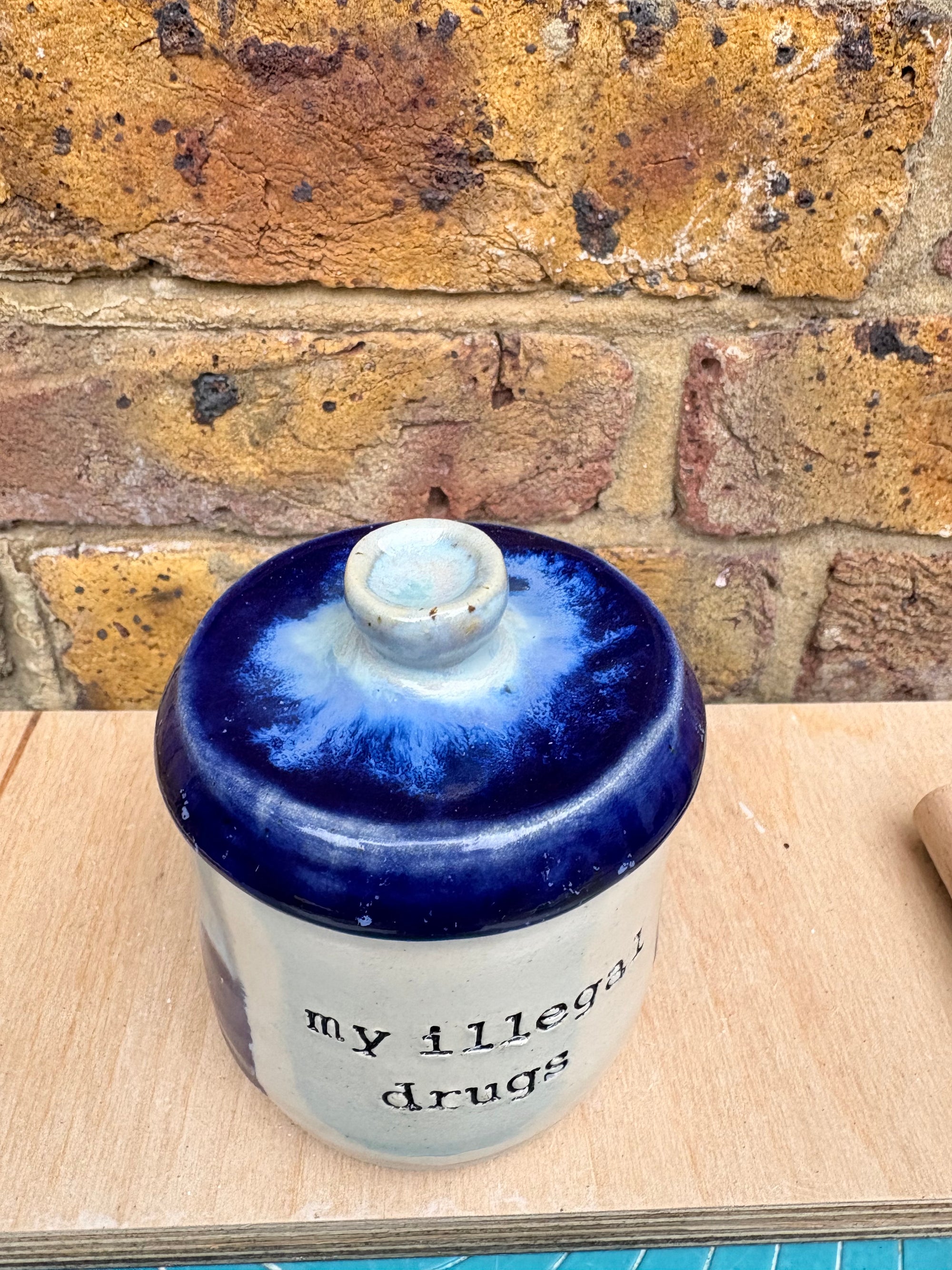 “my illegal drugs" lidded pot (blue night sky)