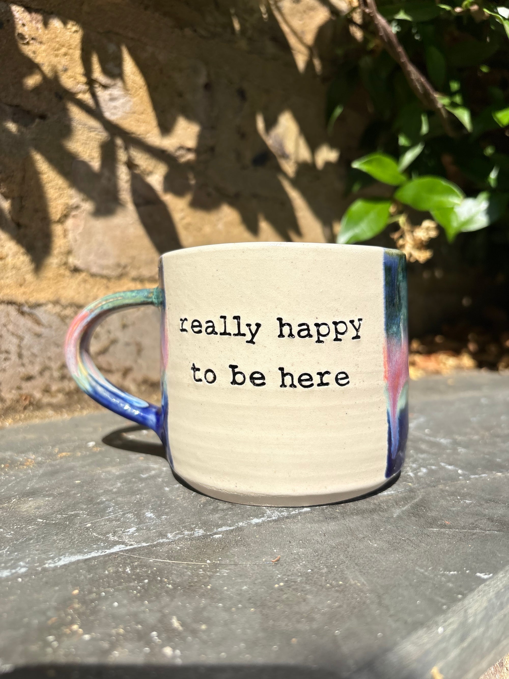 "really happy to be here” "what a bunch of cunts" mug (pink night sky, 325ml)