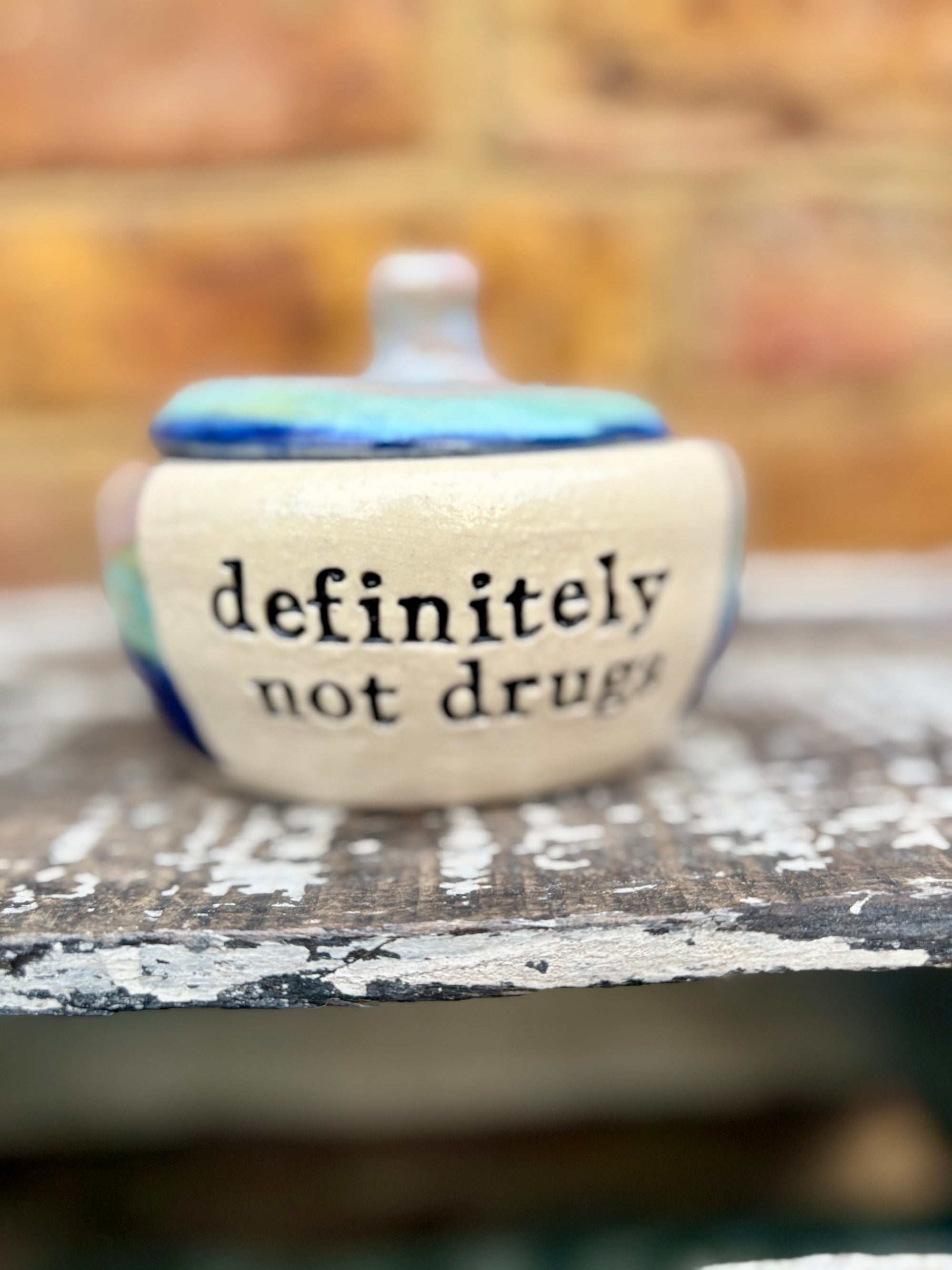 "definitely not drugs" lidded pot (blue night sky)