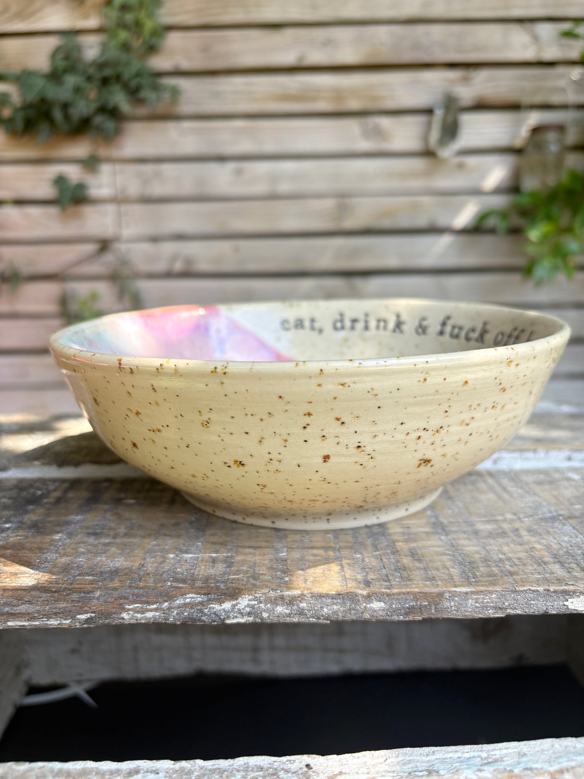 “eat, drink and fuck off by 9pm" round salad/pasta bowl (pastels, flecked clay)