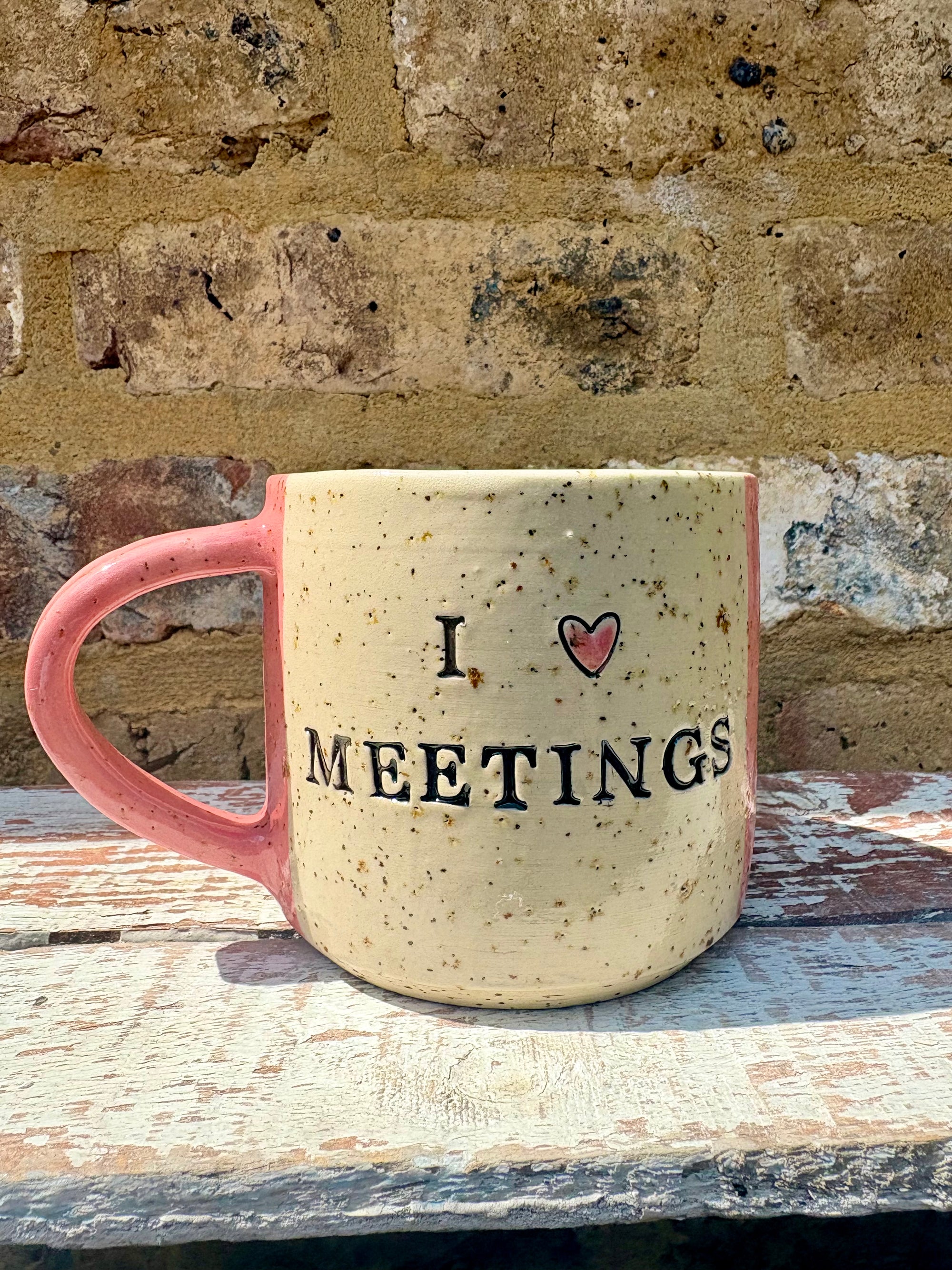 "I 🩷 MEETINGS” "everyone in this meeting is a cunt" mug (pink stripes)