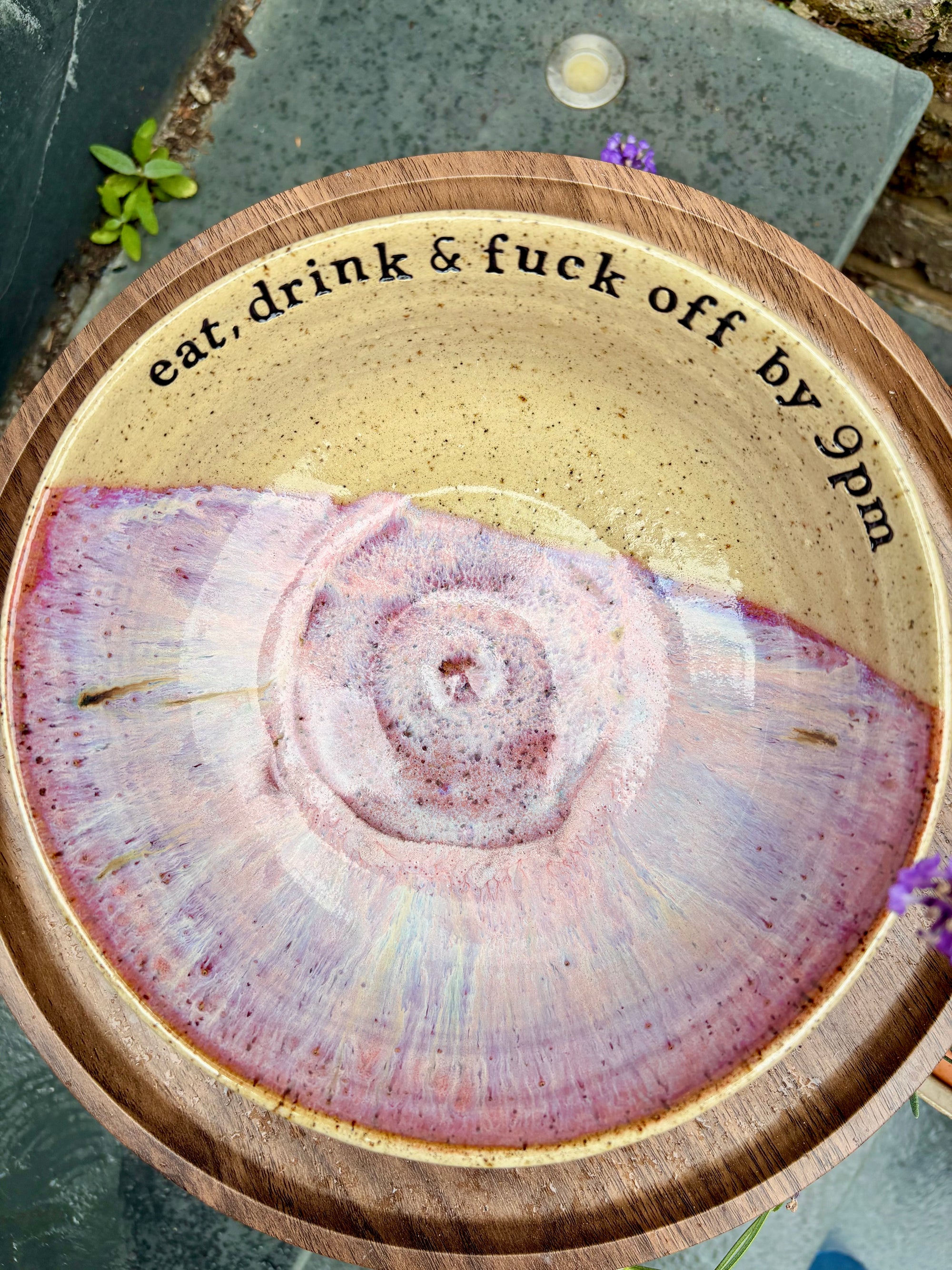 “eat, drink and fuck off by 9pm"  deep round salad/pasta bowl (pink, dark flecked clay)