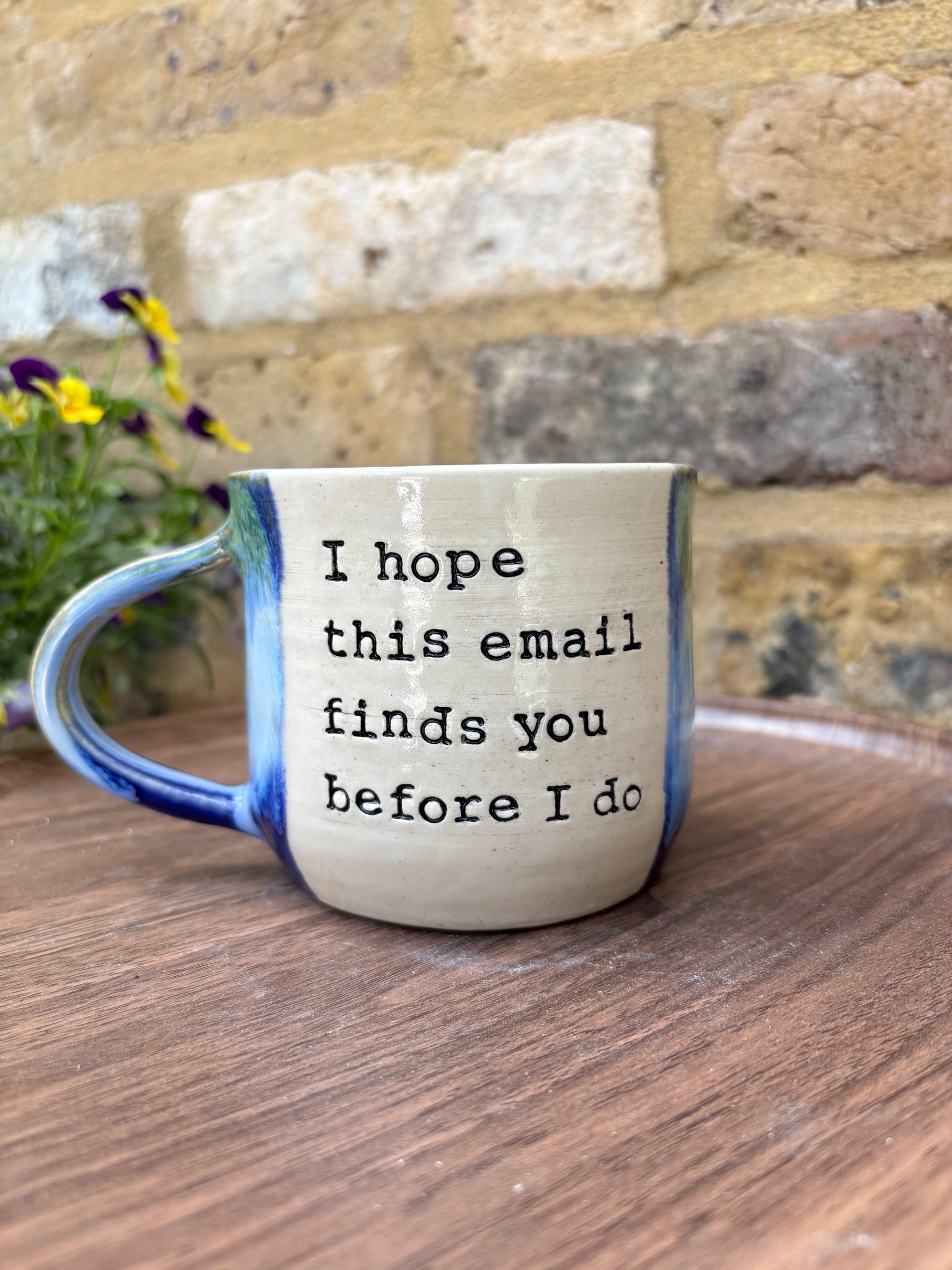 "I hope this email finds you before I do" mug (blue/ green)