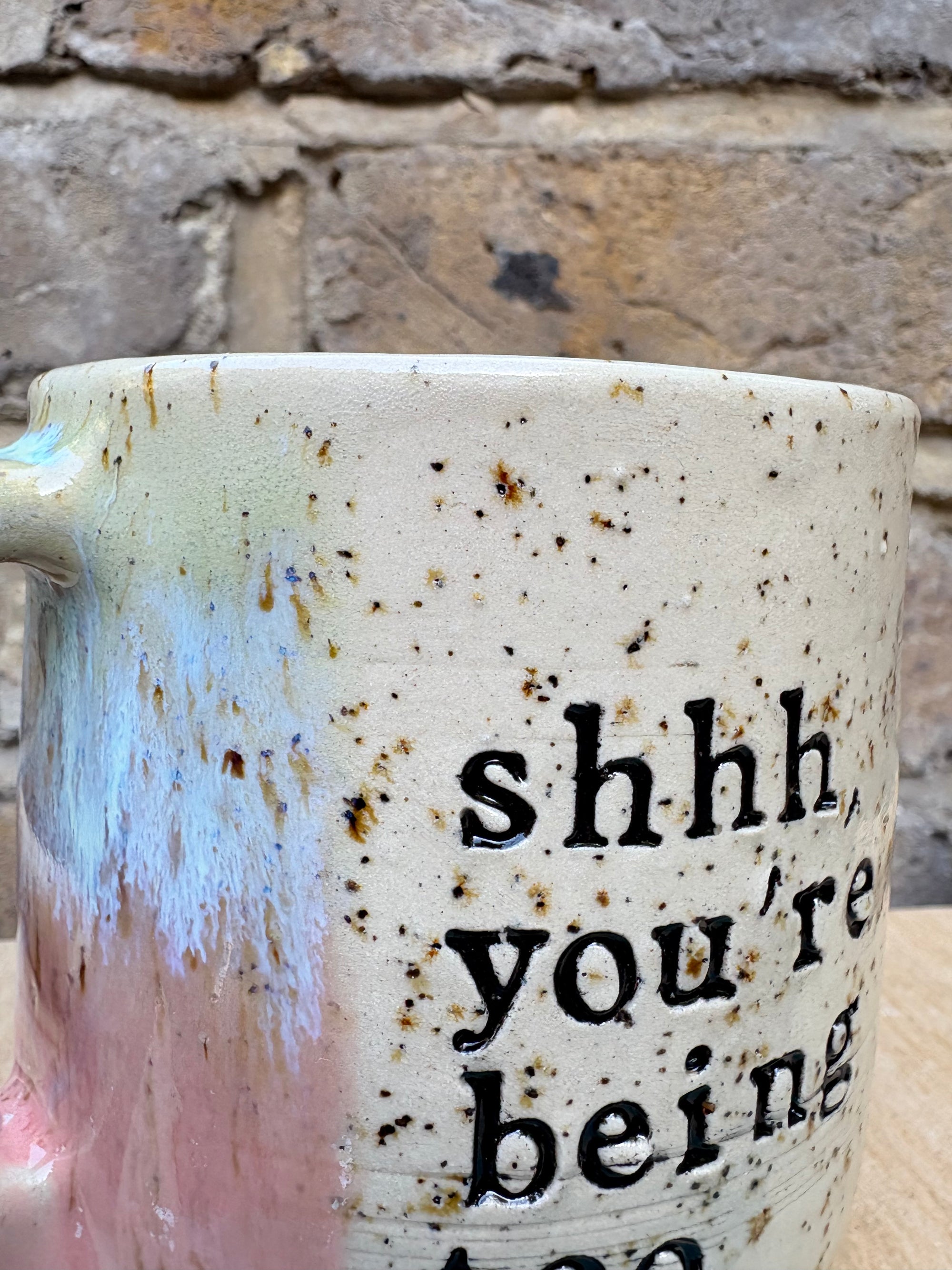"shhh...you're being too loud" mug (pink/lilac)