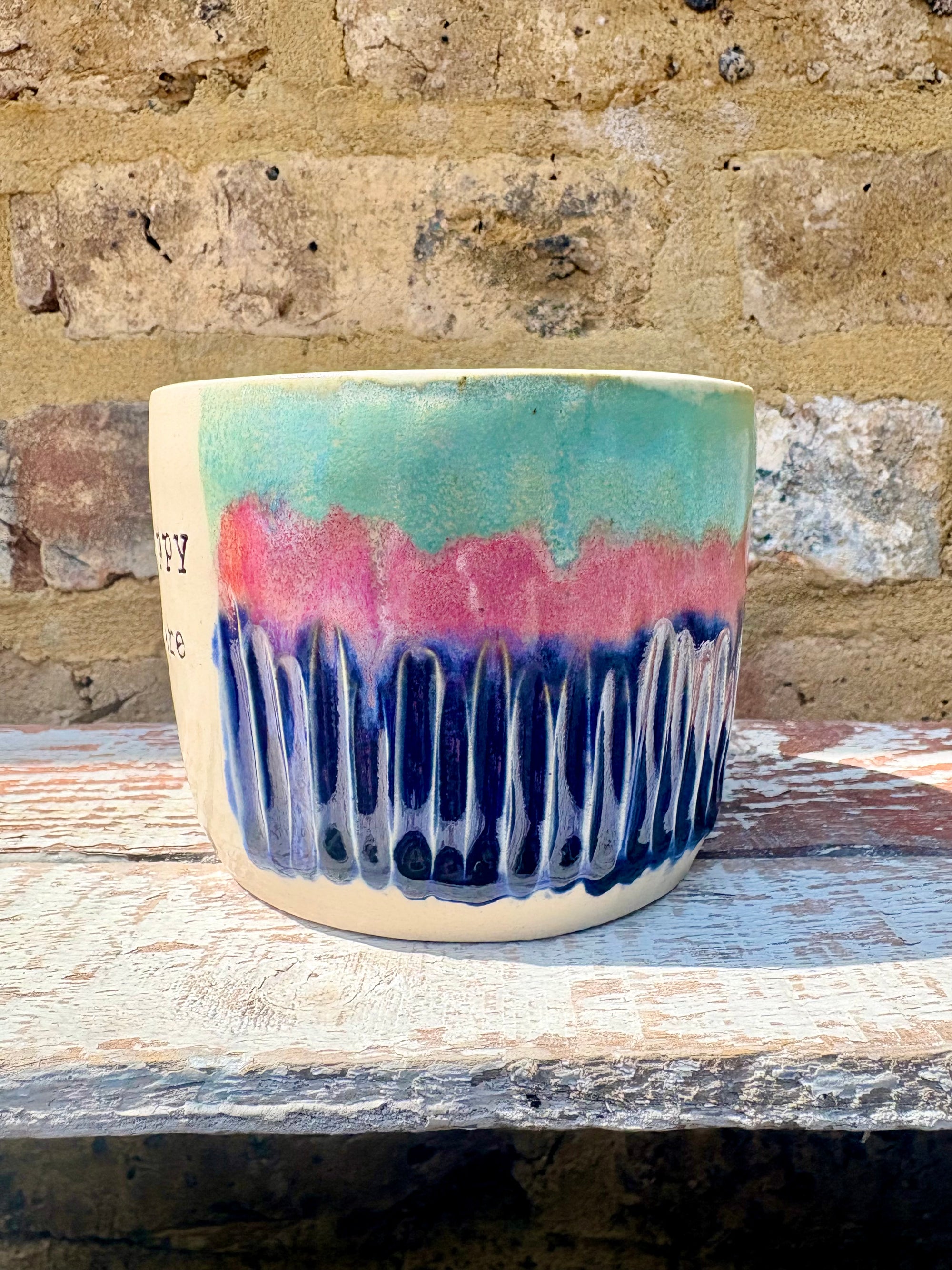 XL "really happy to be here” "what a bunch of cunts" mug (pink night sky, grooves)