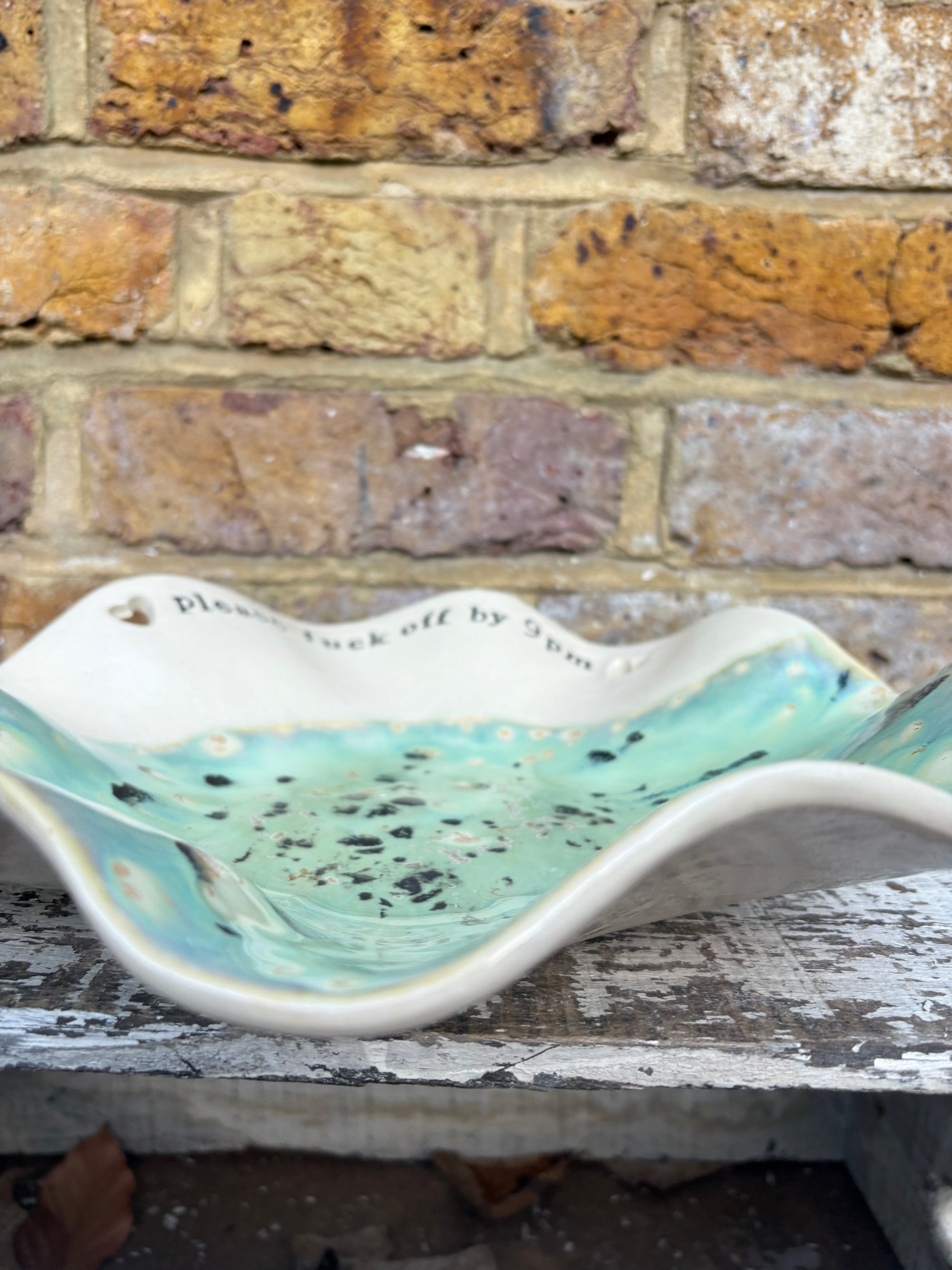 "good food, fine wine, great company..." salad/serving dish (creamy mint green)